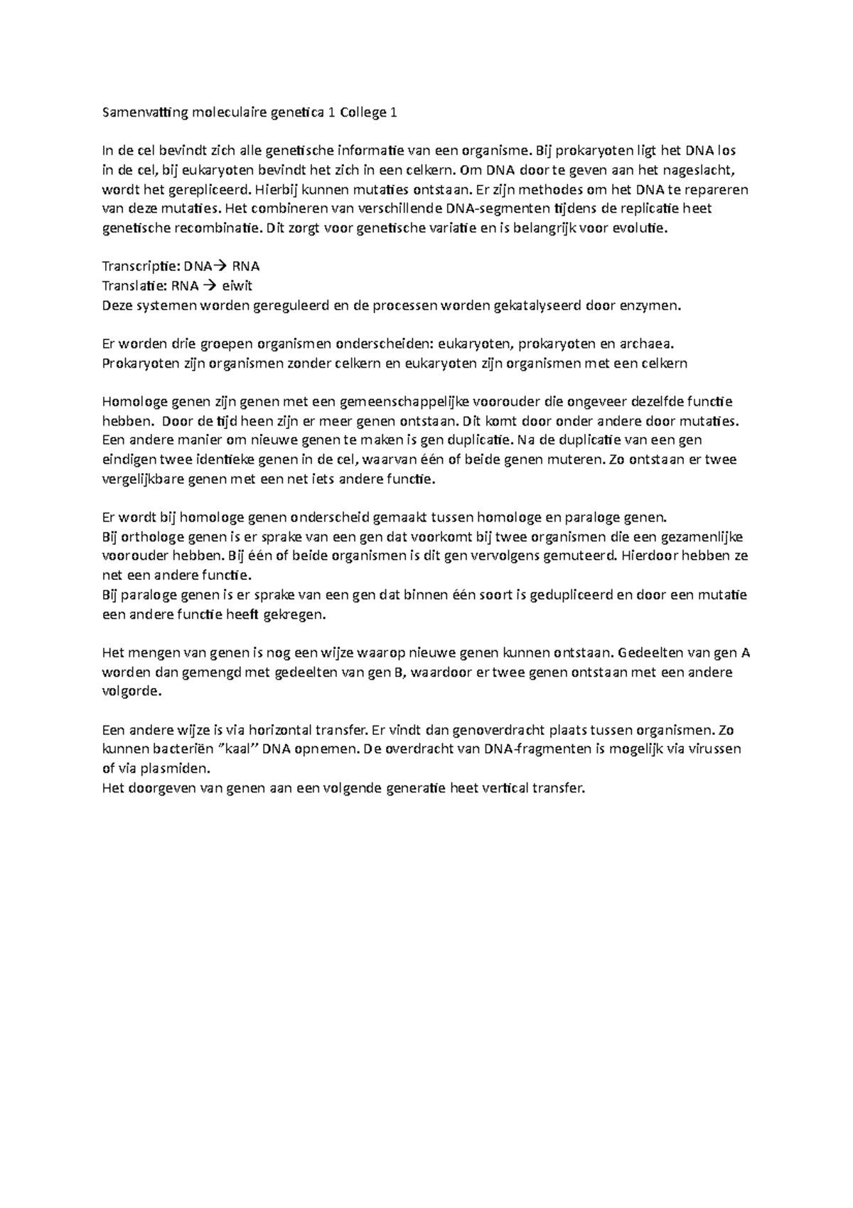 Samenvatting Moleculaire Genetica 1 College 1 - Samenvatting ...