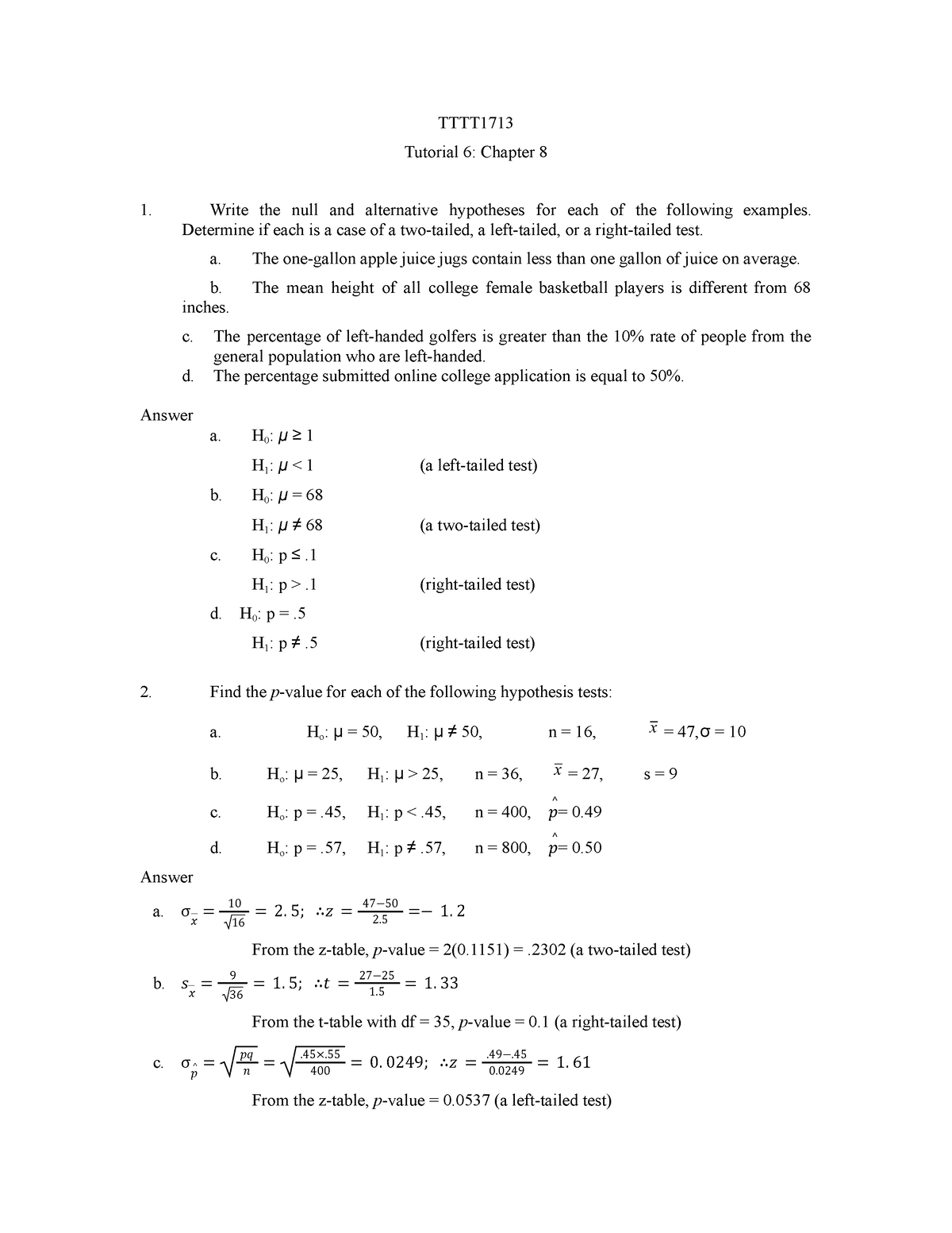 TTTT1713 Tutorial 6 Chapter 8 - Answer - Statistics And Probabillity ...