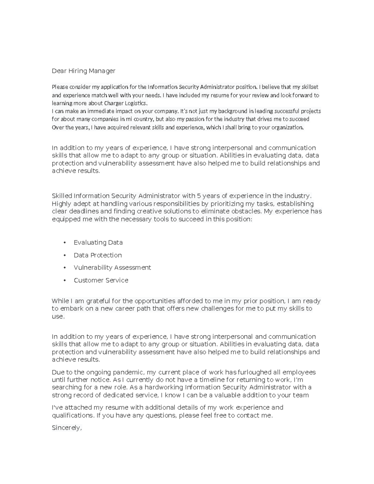 Cover Letter - Dear Hiring Manager Please consider my application for ...