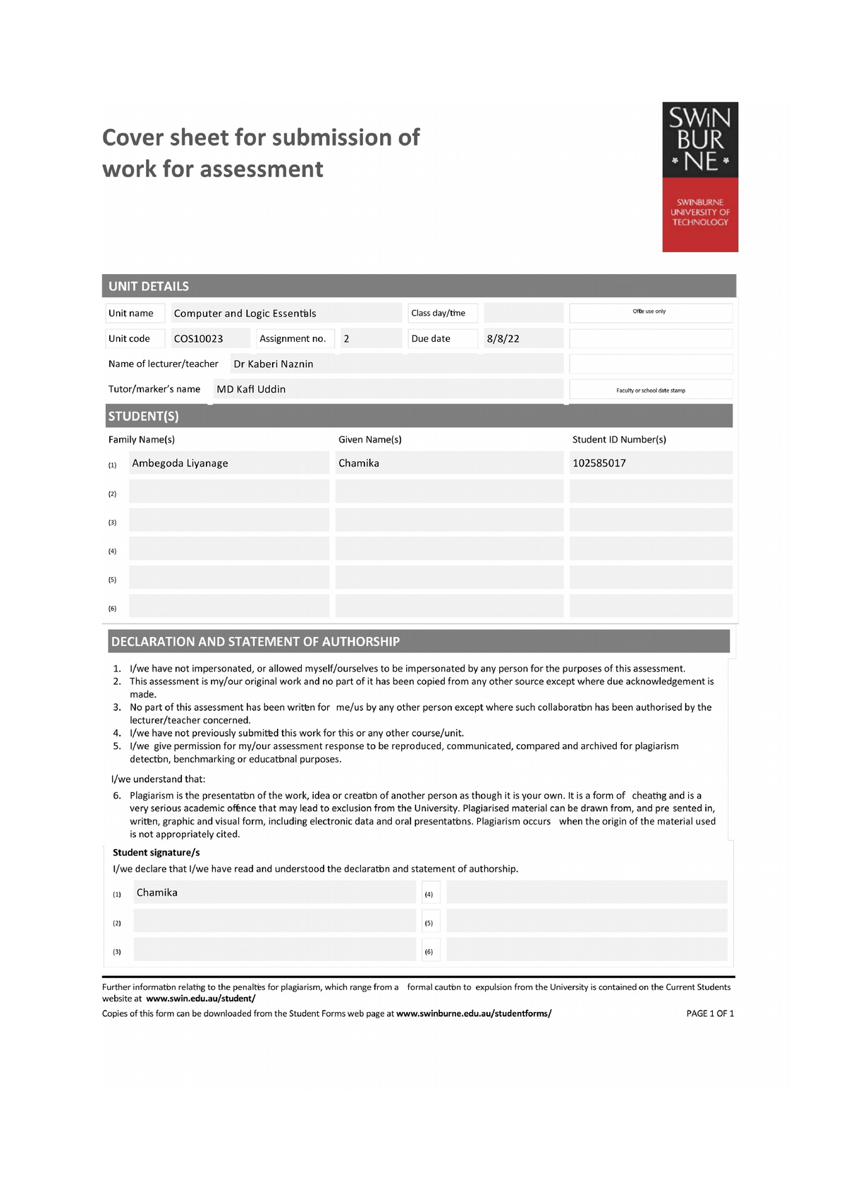 Assignment 2 answer sheet word - COS10003 - Studocu