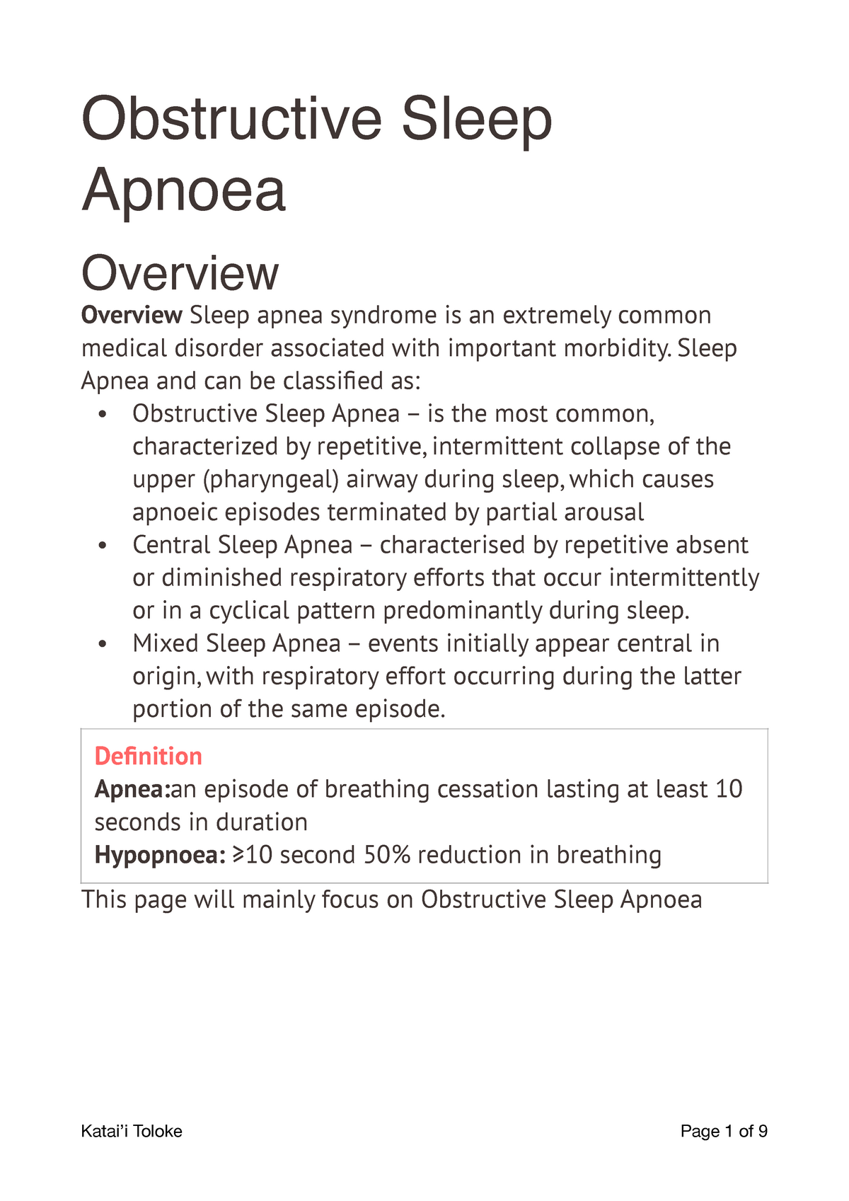 Respiratory - Obstructive Sleep Apnoea - Obstructive Sleep Apnoea ...