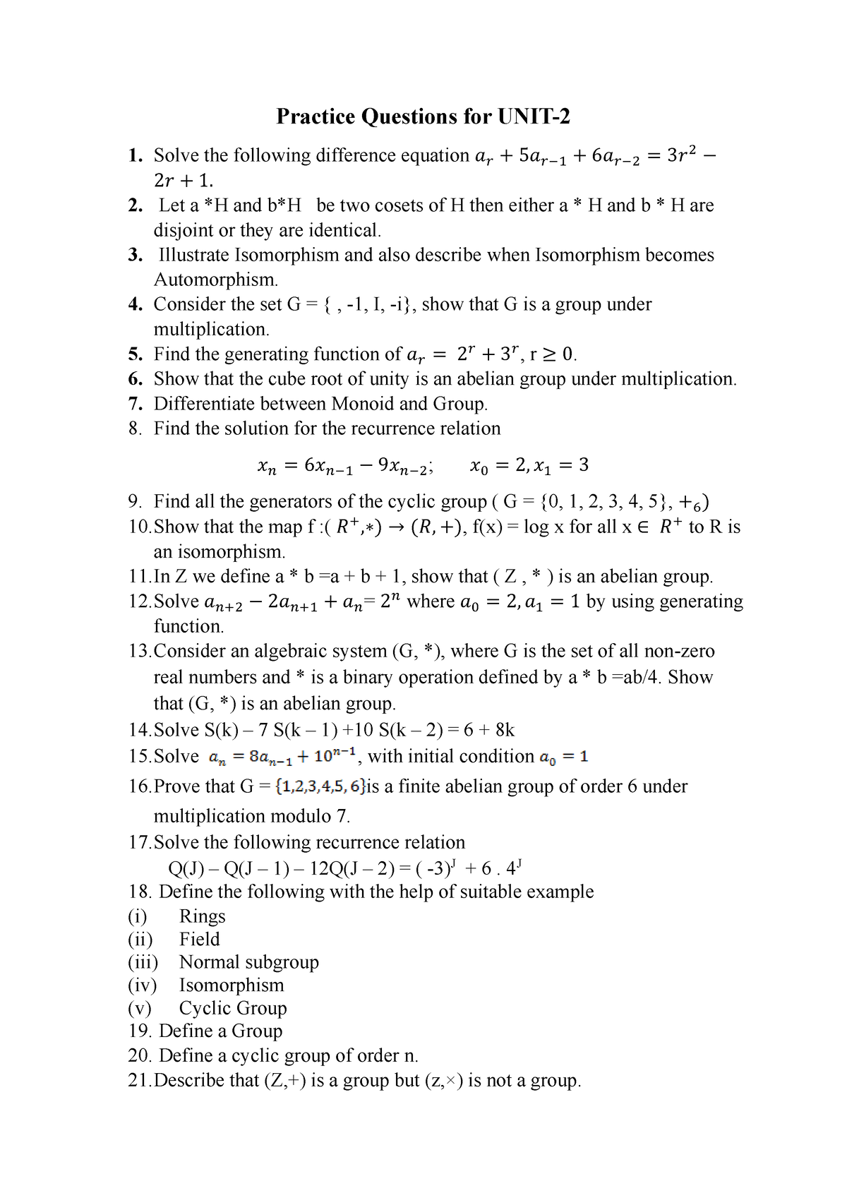 Practice Question For UNIT-2 - Let A H And BH Be Two Cosets Of H Then ...