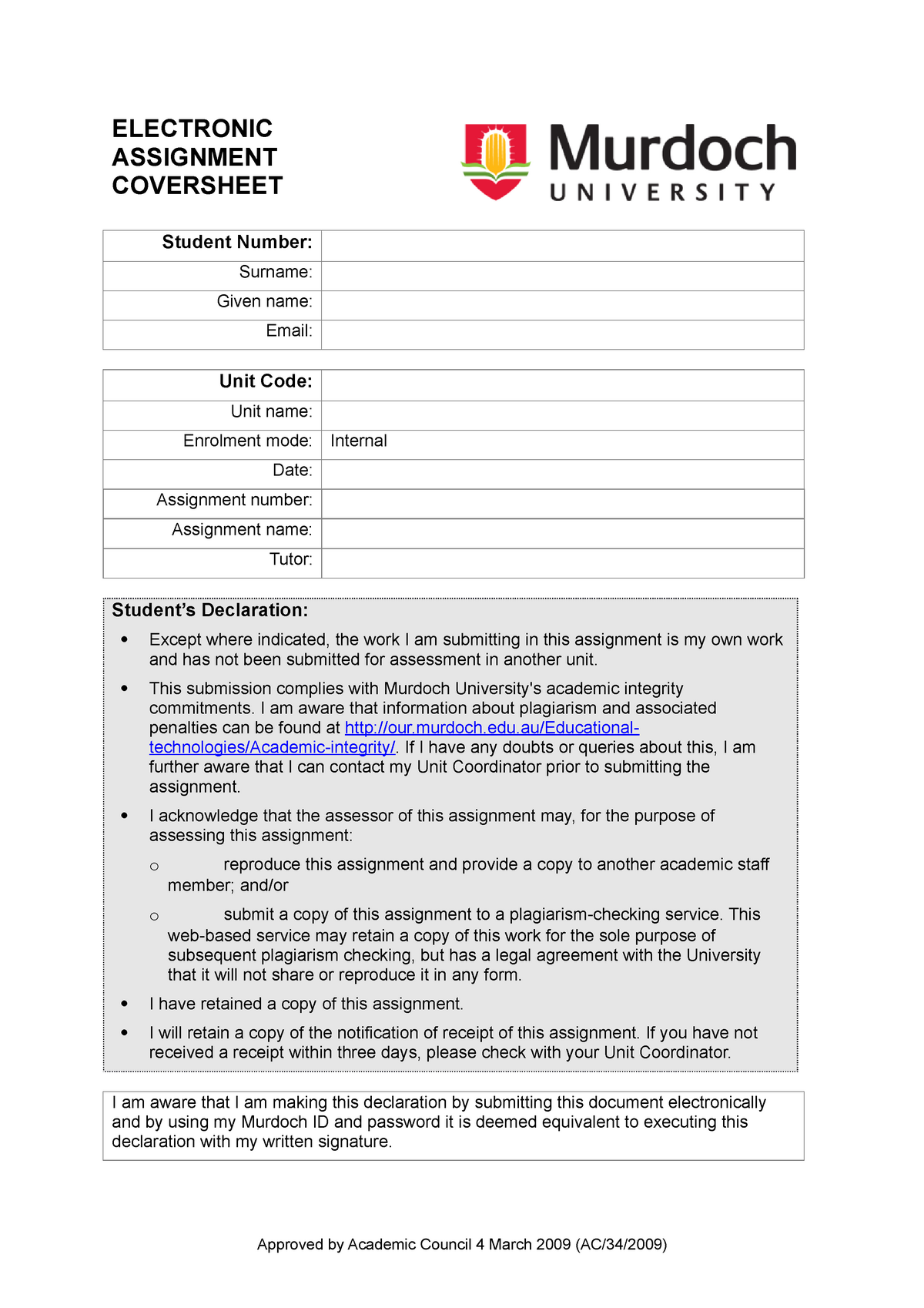 murdoch assignment cover sheet business