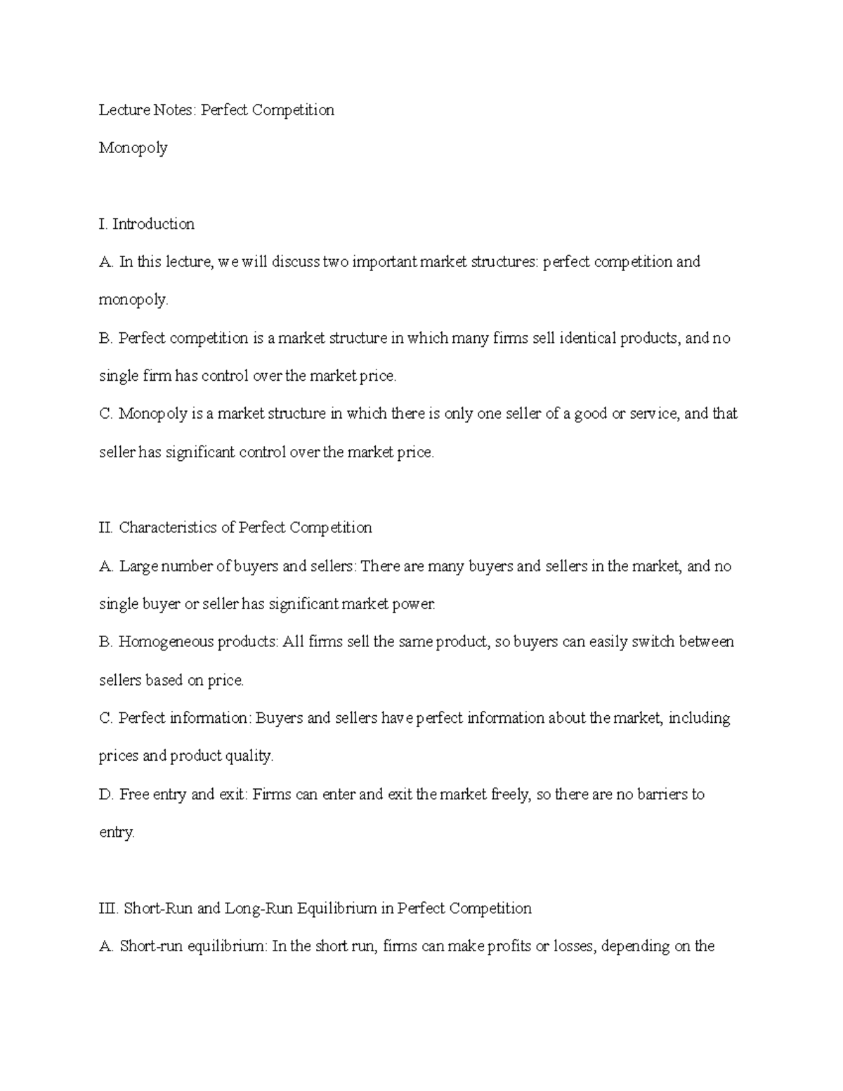 Lecture Notes Perfect Competition Lecture Notes Perfect Competition