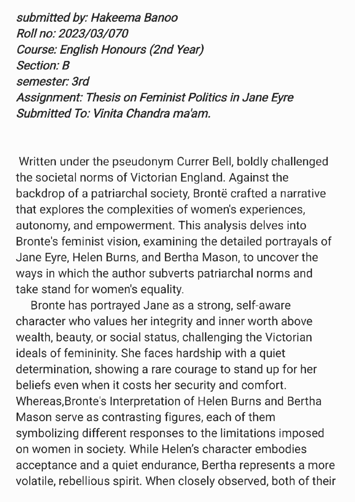 Jane Eyre as a feminist text - submitted : Hakeema Banoo Roll no ...