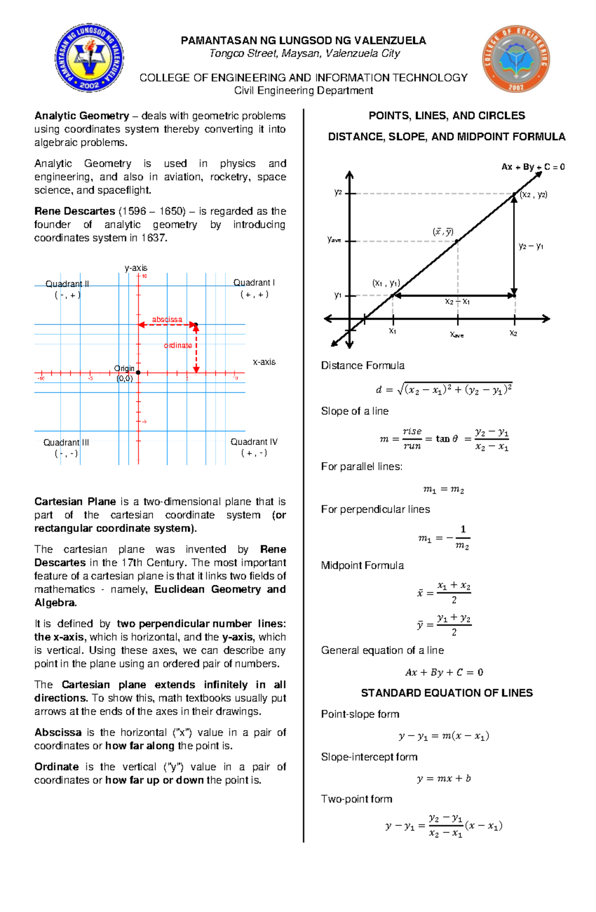 Analytic- Geometry-1 - PAMANTASAN NG LUNGSOD NG VALENZUELA Tongco ...