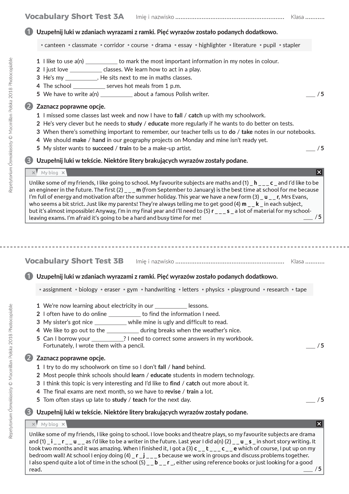 Unit 3 A&B Vocab Test - ćwiczenia - Imię I Nazwisko Klasa Imię I ...