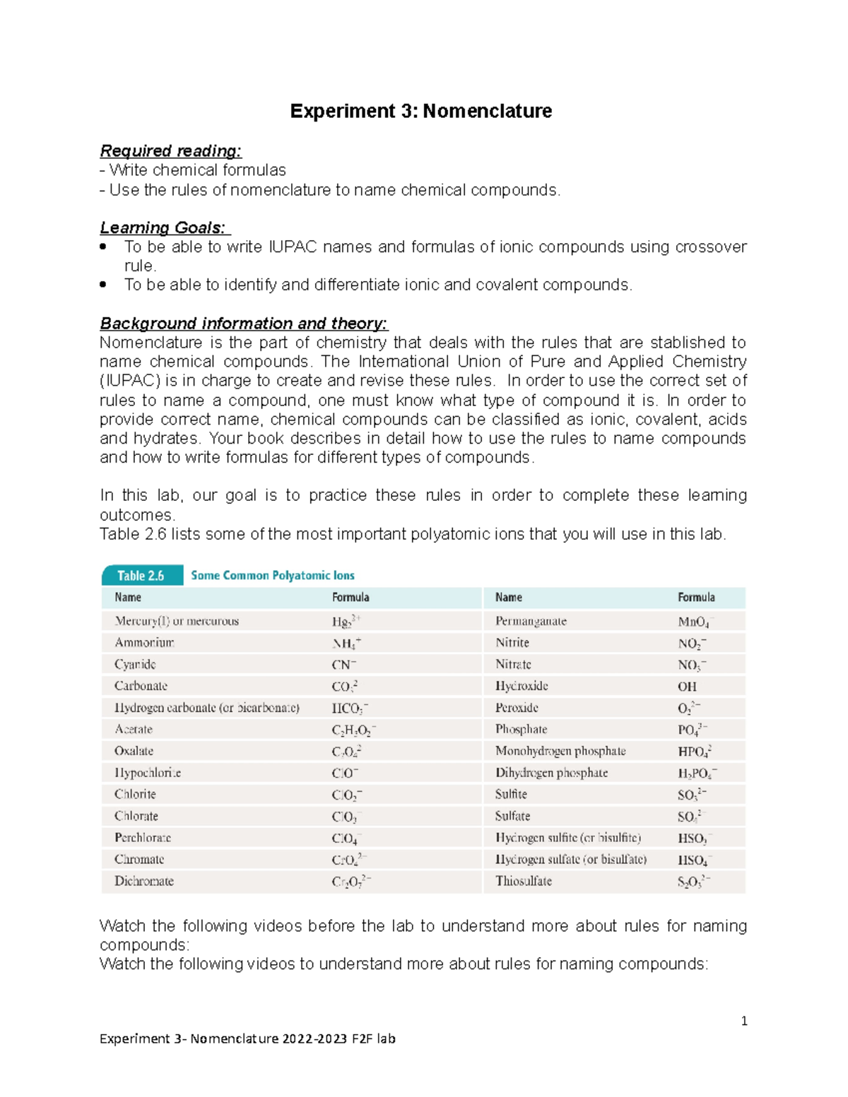 Experiment 3- Nomenclature Fall 2022 F2F - Experiment 3: Nomenclature ...
