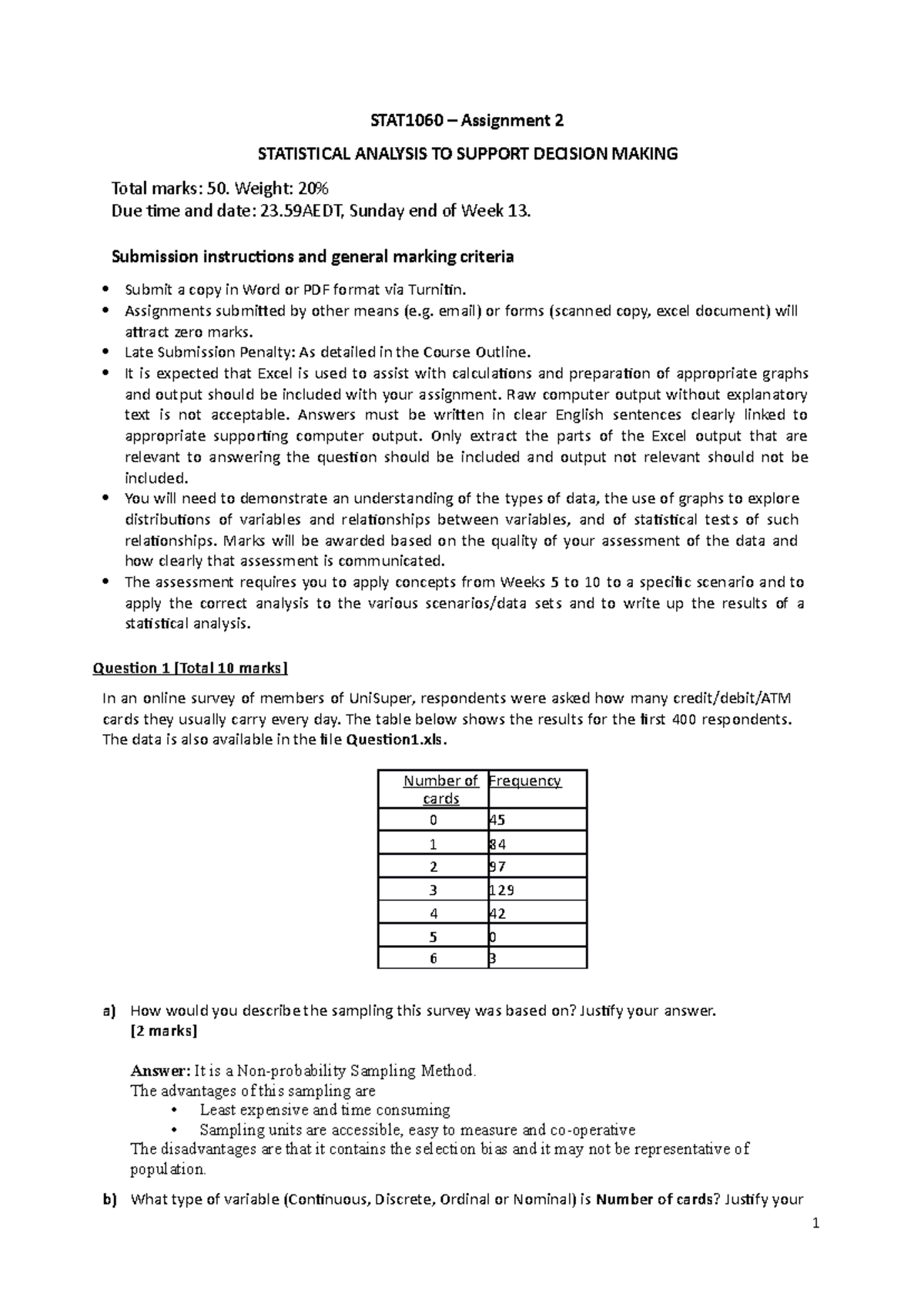 Assessment 2 - STAT1060 – Assignment 2 STATISTICAL ANALYSIS TO SUPPORT ...
