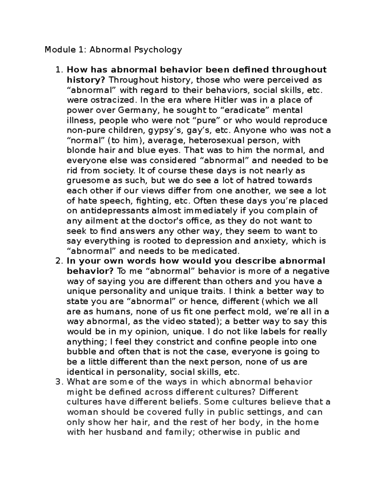 PSY-215-J3845 Module 1 Discussion - Module 1: Abnormal Psychology 1 ...