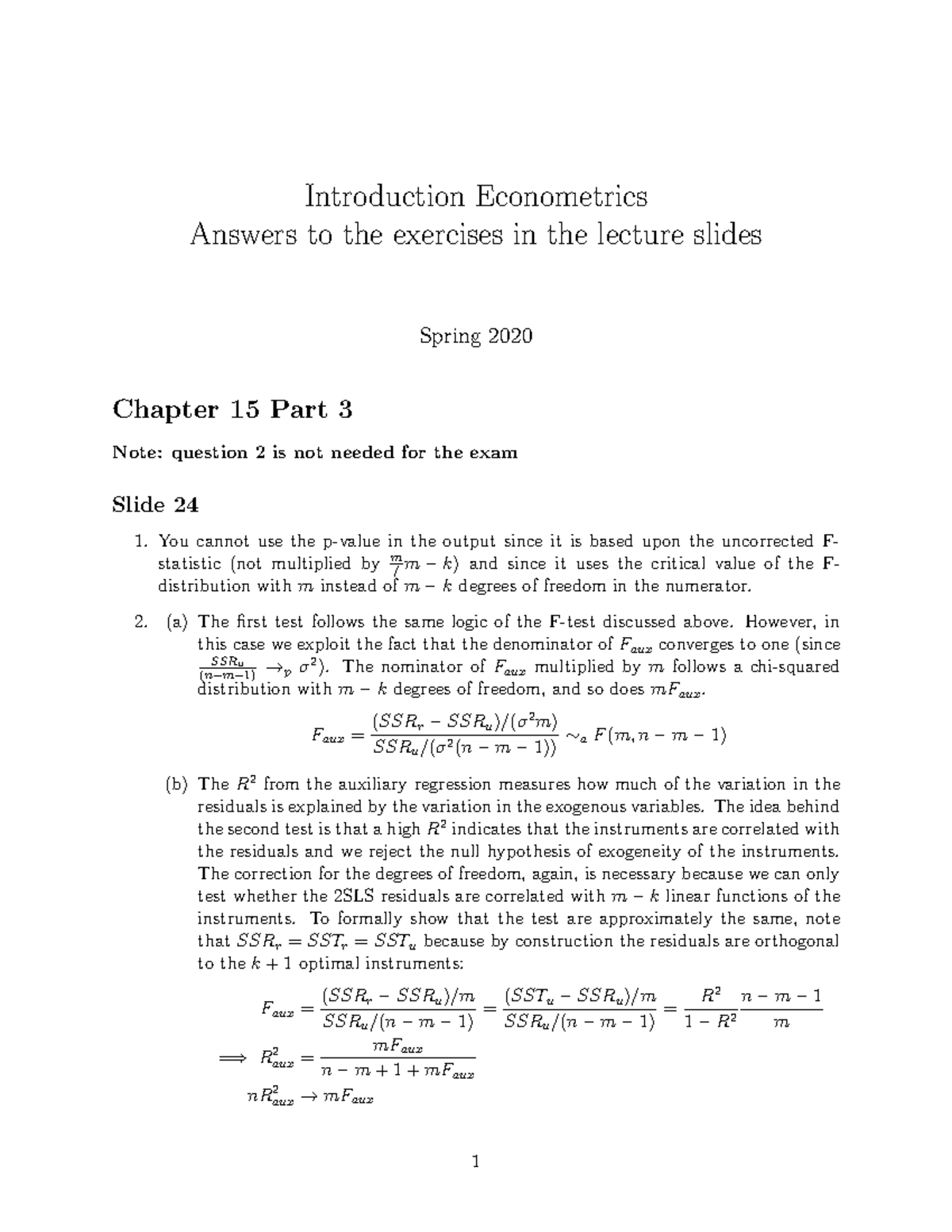 Exercises 7 - Introduction Econometrics Answers To The Exercises In The ...