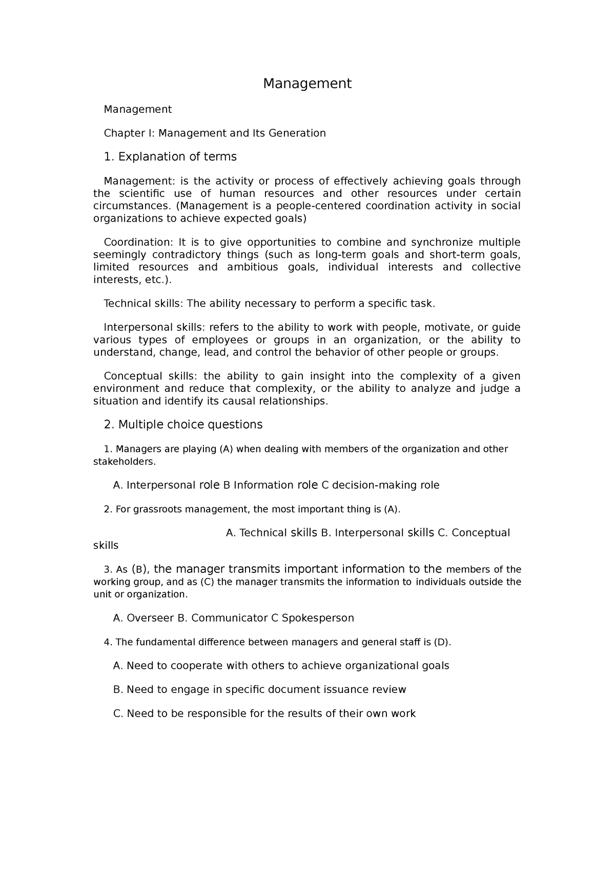 Management - Summary content - Management Management Chapter I ...