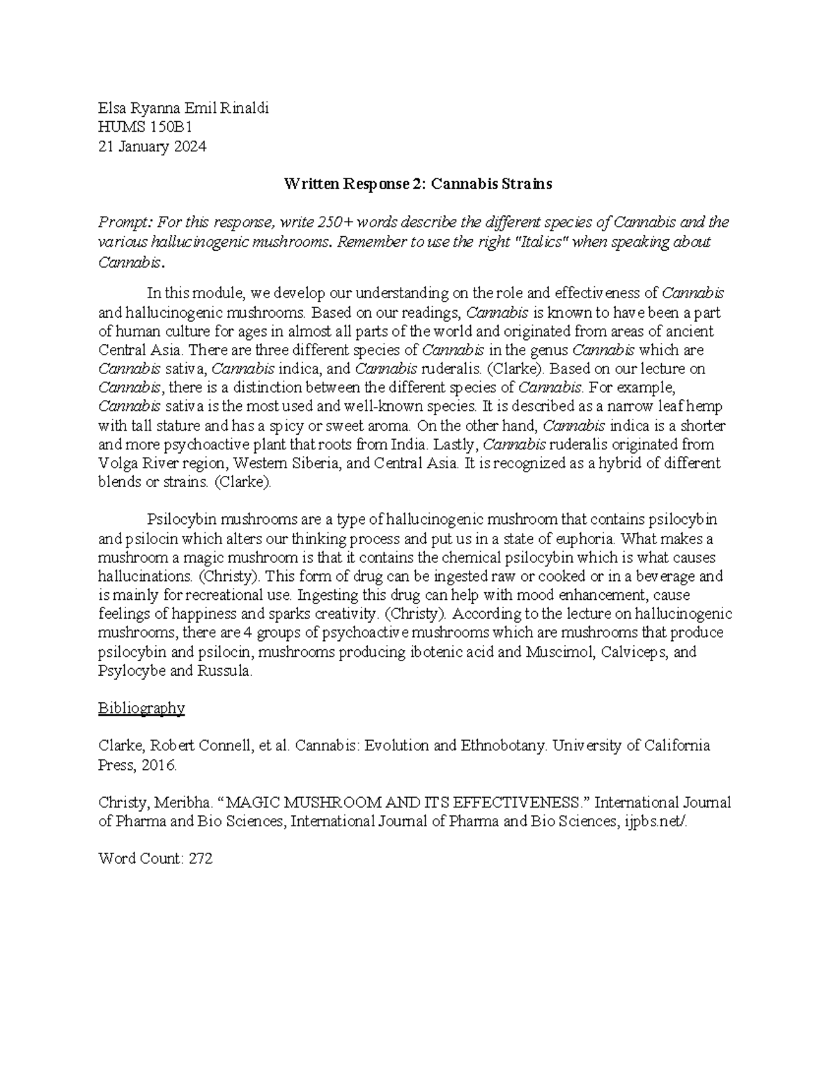 Written response 2 - Elsa Ryanna Emil Rinaldi HUMS 150B 21 January 2024 ...