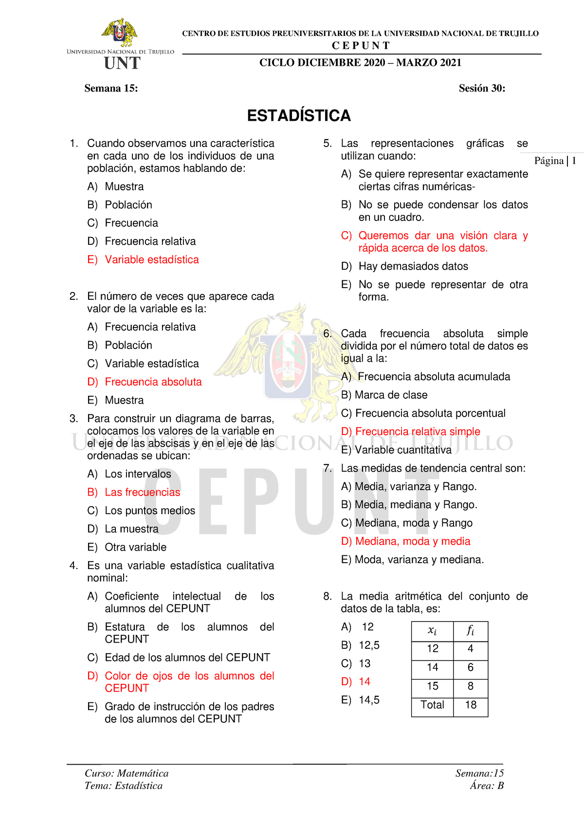 B- Estadística - JAJAJAJAJALDLLDLS - Curso: Matemática Semana: Tema ...