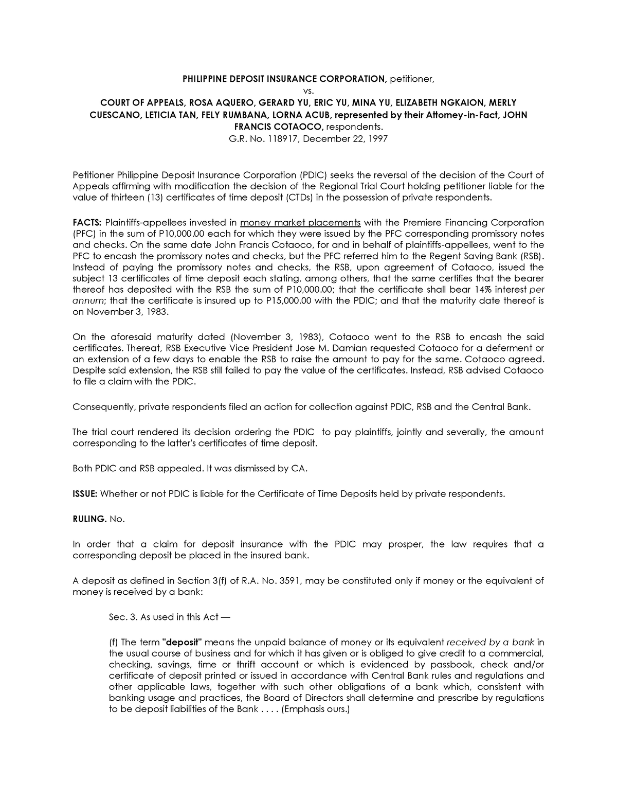 Pdic vs ca et al - Pdic vs ca et al - PHILIPPINE DEPOSIT INSURANCE ...