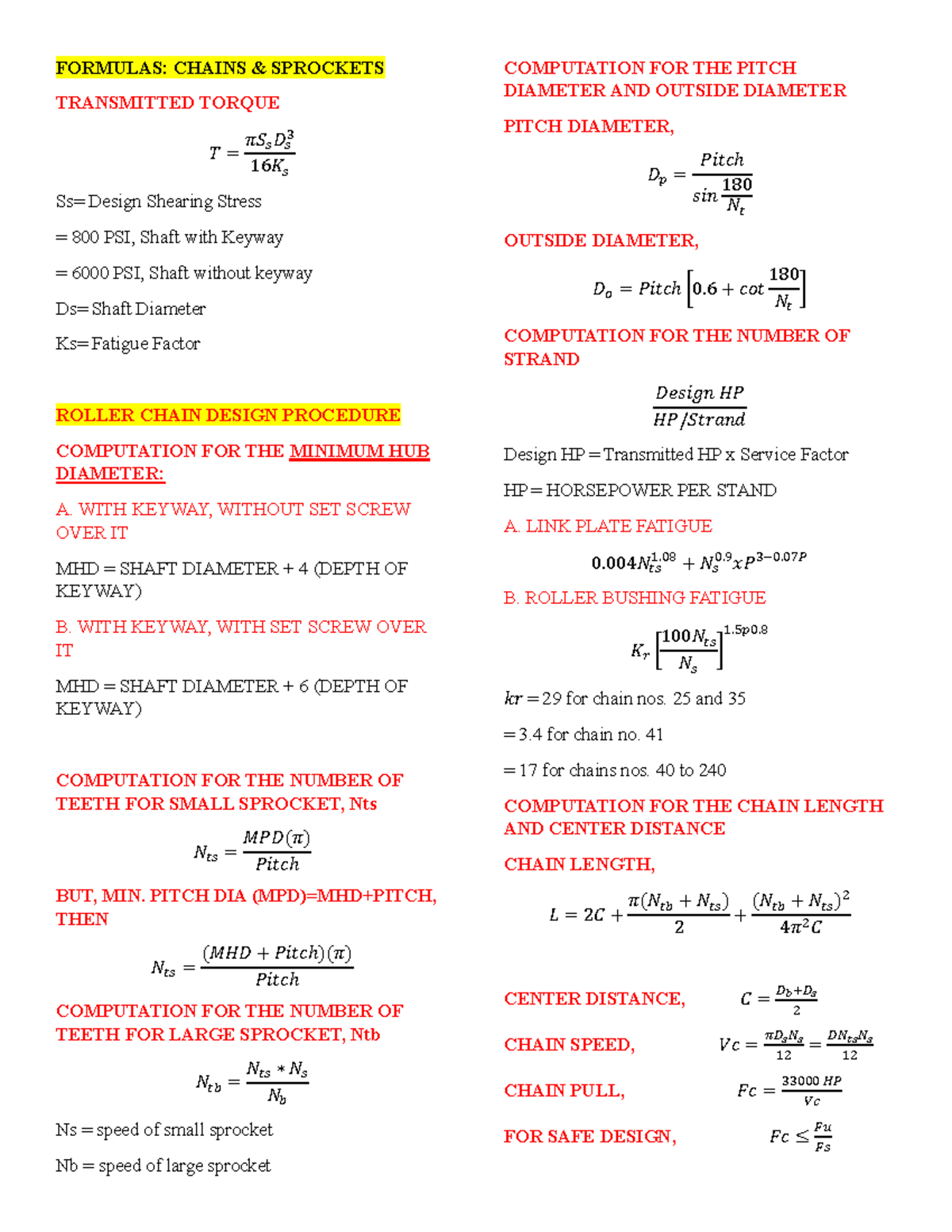 MAEL Formulas 3 All Parts of a in mechanical engineering