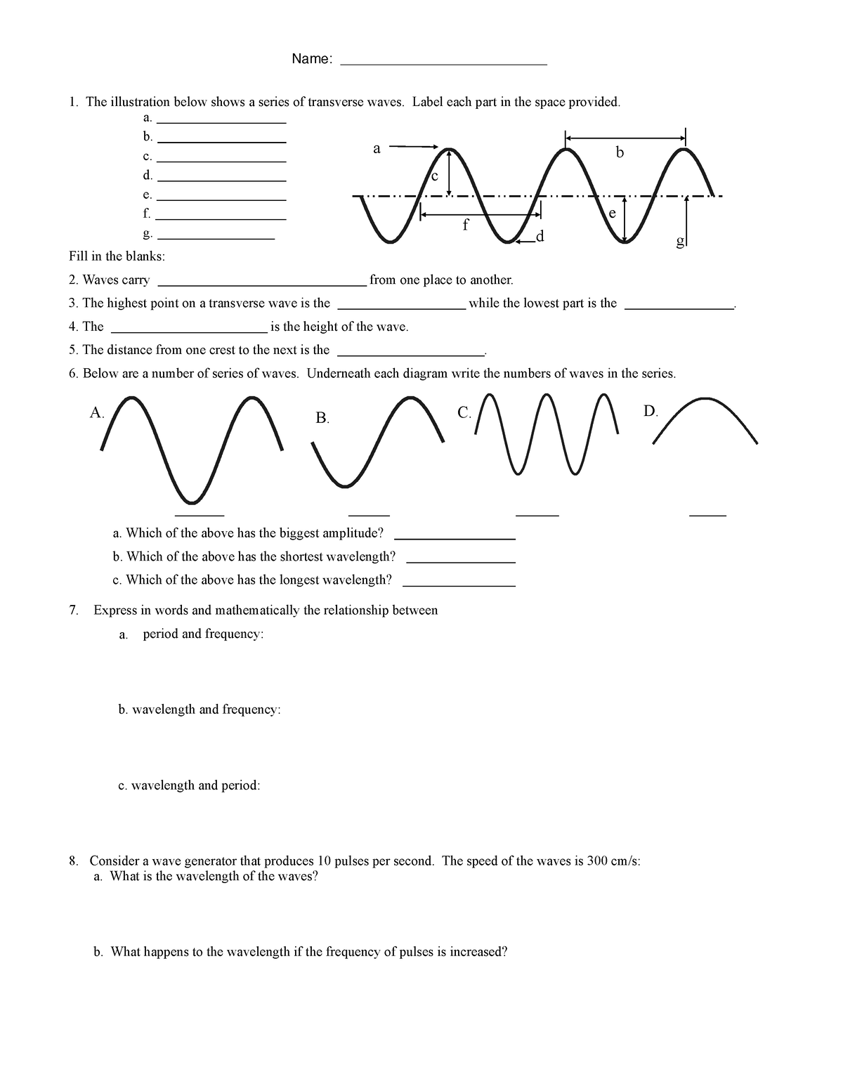 Parts of a wave worksheet - Name: ___________________________ 1. The ...