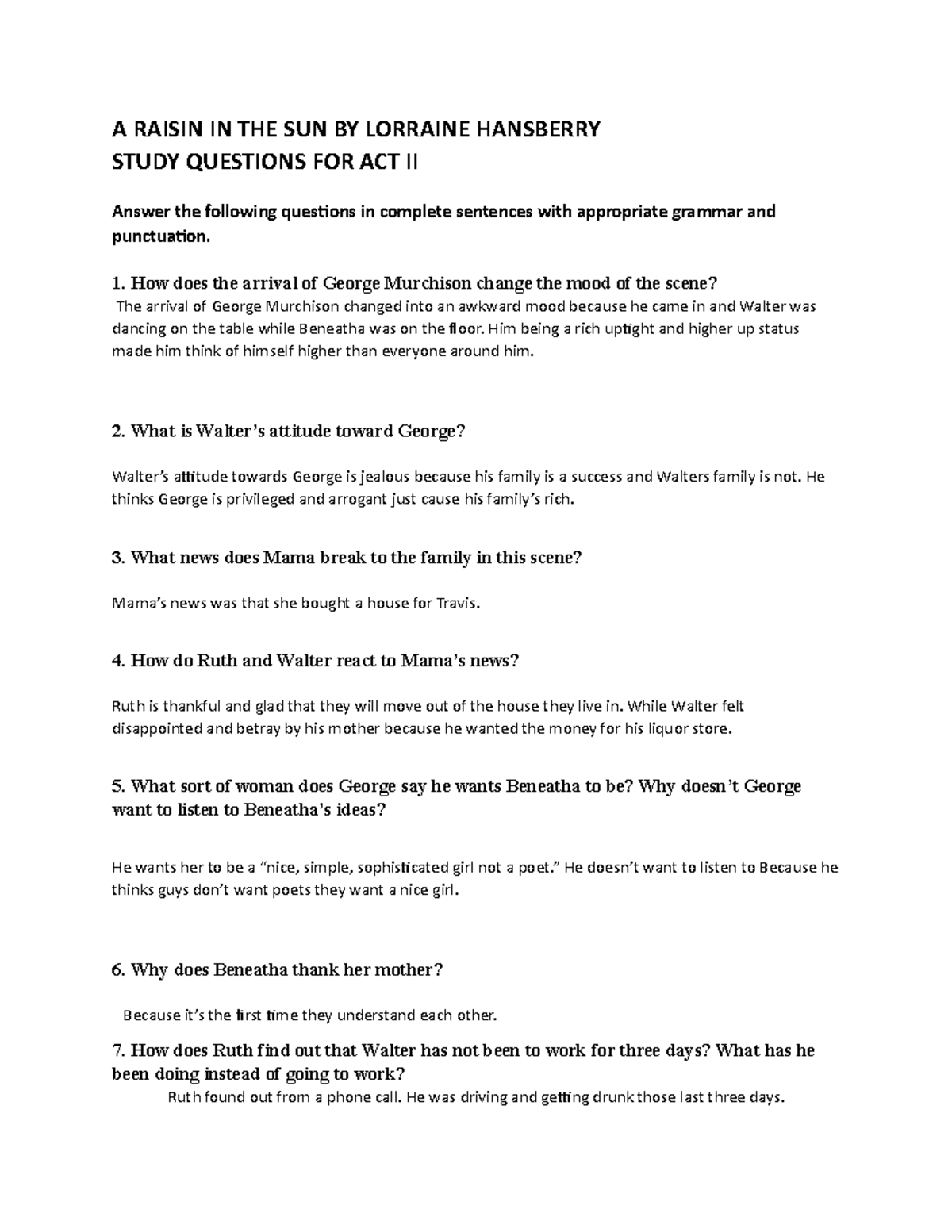 Raisin A Raisin in the Sun Study Questions Act II (Auto Recovered