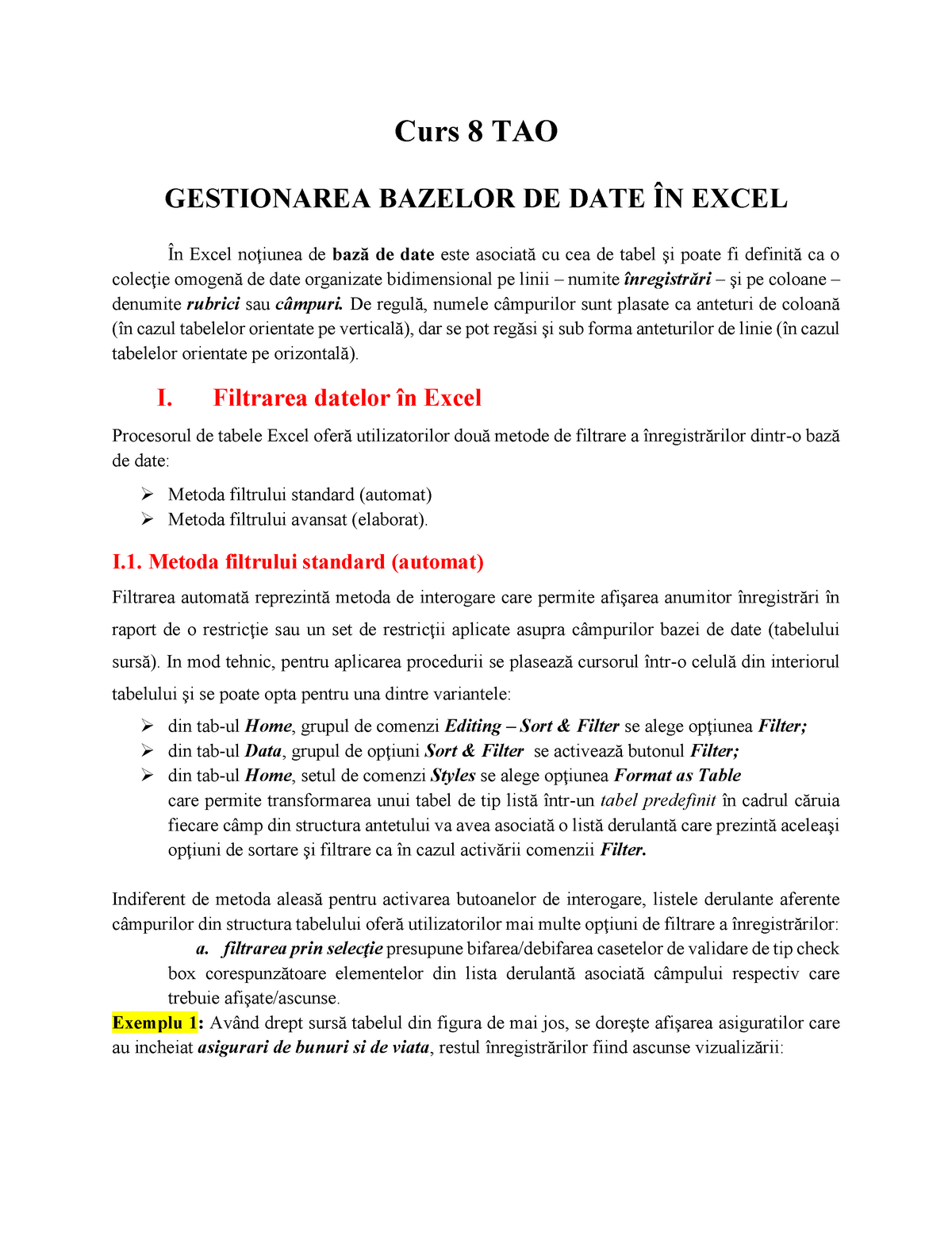 Curs 8 TAO Gestionarea bazelor de date Excel Validarea datelor in ...