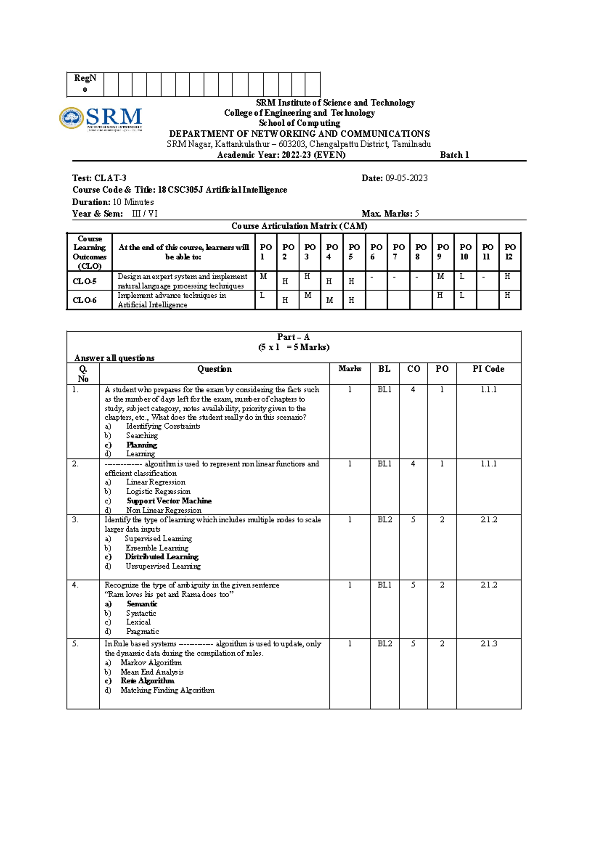 AI CT3 B1 MCQ Answer Key - Notes - RegN o SRM Institute of Science and ...