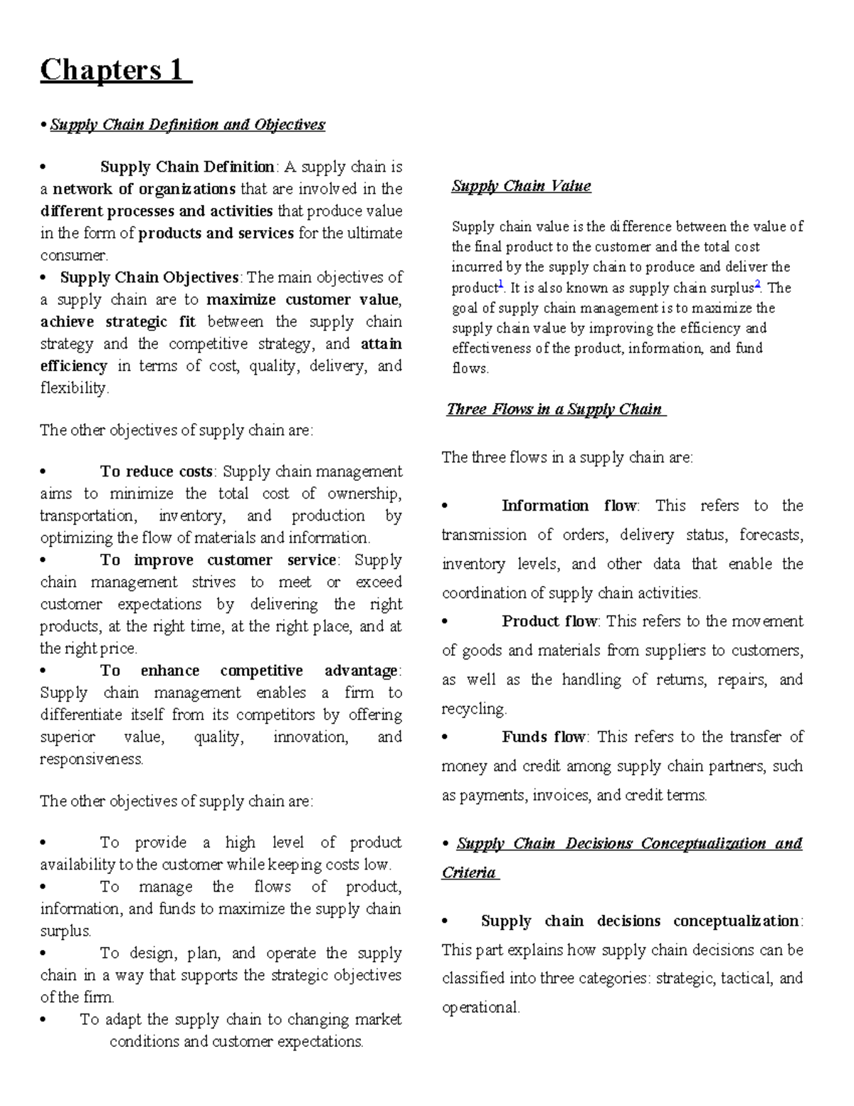 Supply Chain My Notes Chapters 1 • Supply Chain Definition and
