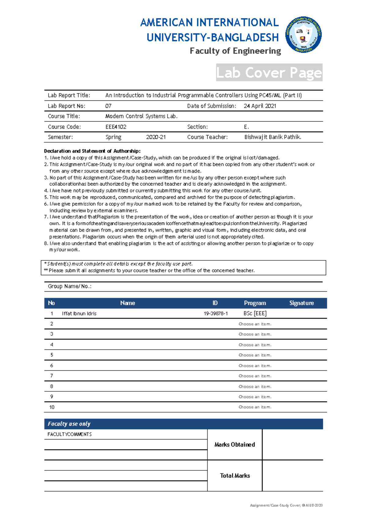 MCS lab exp 07 - This is practical lab - * Student(s) must complete all ...