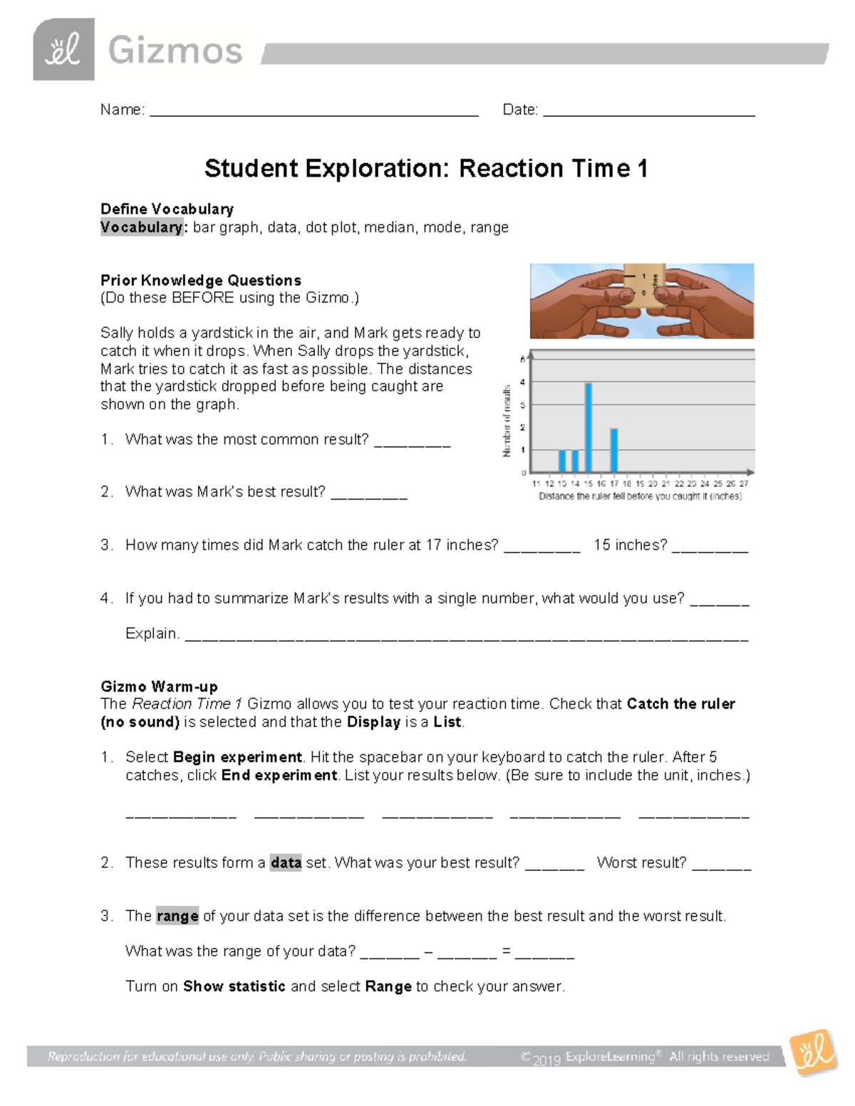 Reaction Time 1SE 3 science Name Date Student Exploration