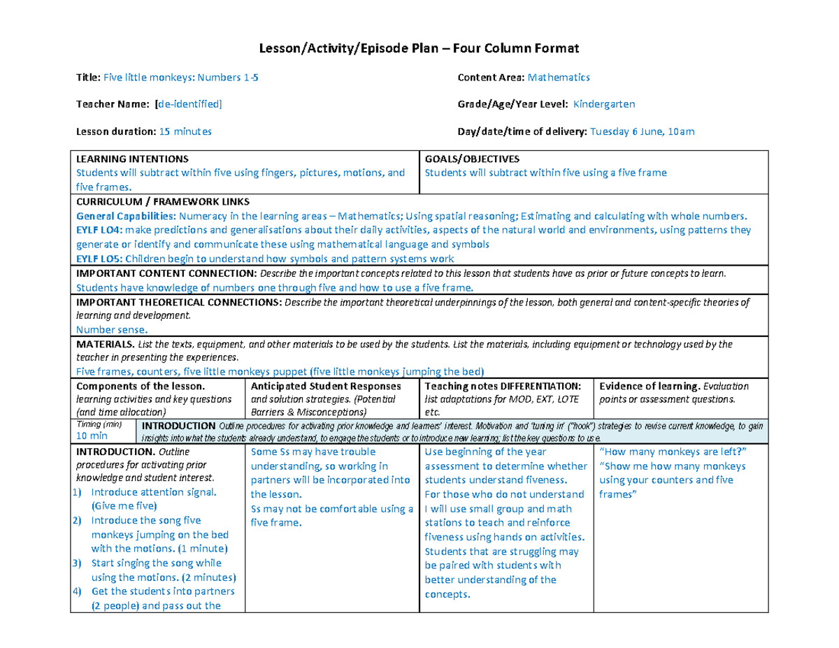 EDET100 lesson-plan- Example - Lesson/Activity/Episode Plan – Four ...