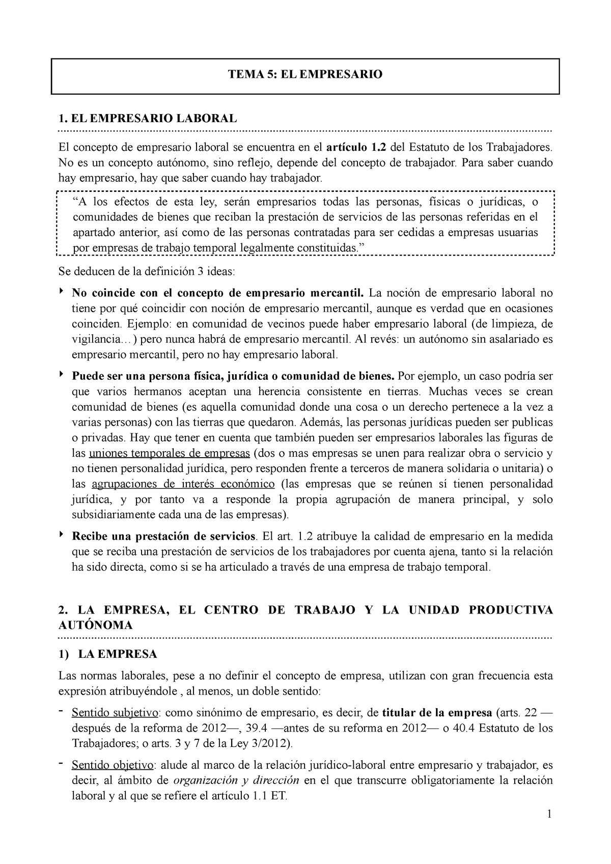 Tema 5 DT - Tema 5 Uv - TEMA 5: EL EMPRESARIO 1. EL EMPRESARIO LABORAL ...