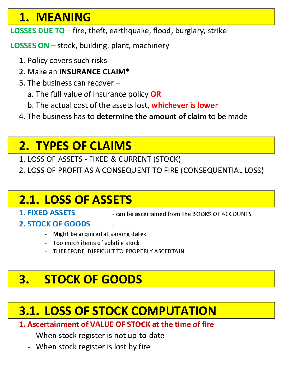 Insurance Claims note FINANICAL ACCOUNTING 1. MEANING LOSSES DUE TO