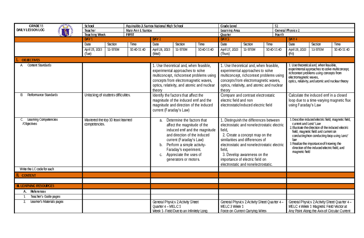 Gp2 1st Week Dll 4th Dlp Grade 11 Daily Lesson Log School Aguinaldo J Santos National High 6169