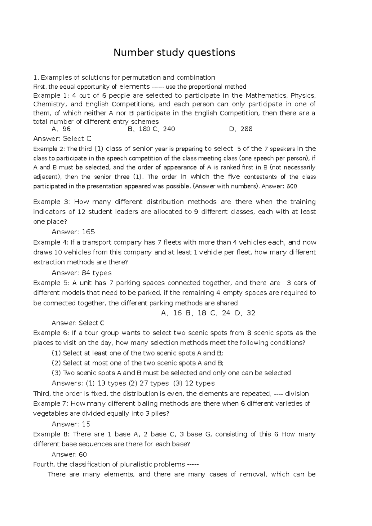 Summary of Mathematical Exercises - Number study questions Examples of ...