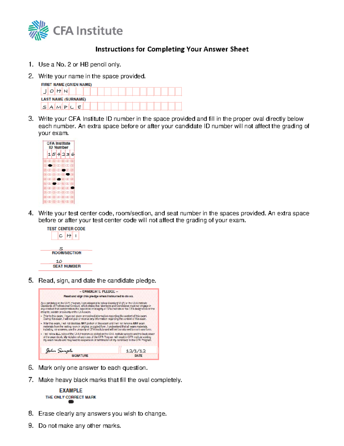 Cfa Exam Answer Sheet Instructions Instructions For Completing Your Answer Sheet 1 Use A No 2 Or Studocu