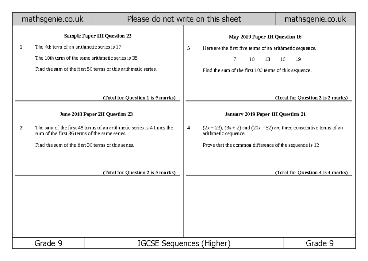 9 igcse sequences higher ws - mathsgenie.co Grade 9 IGCSE Sequences ...