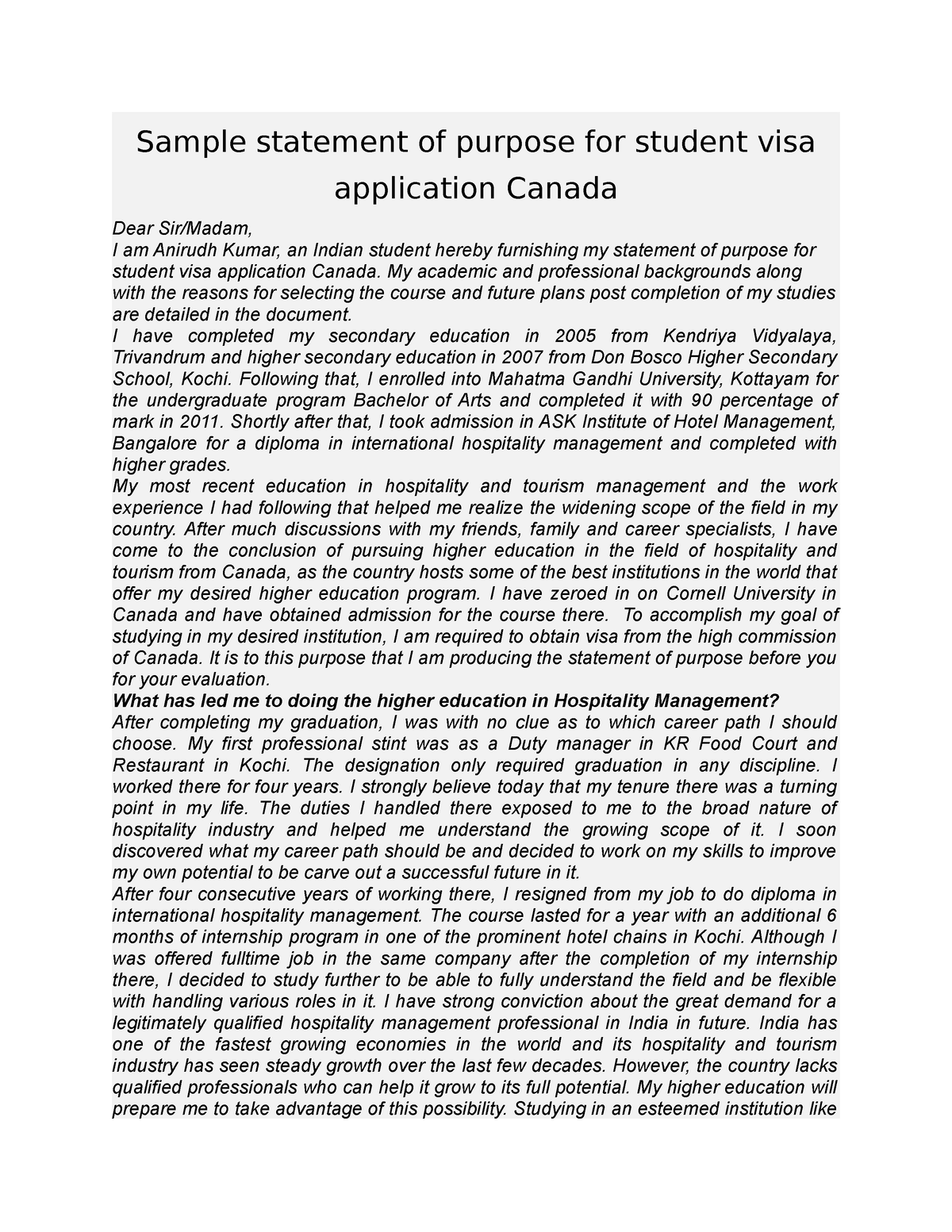 student visa application essay