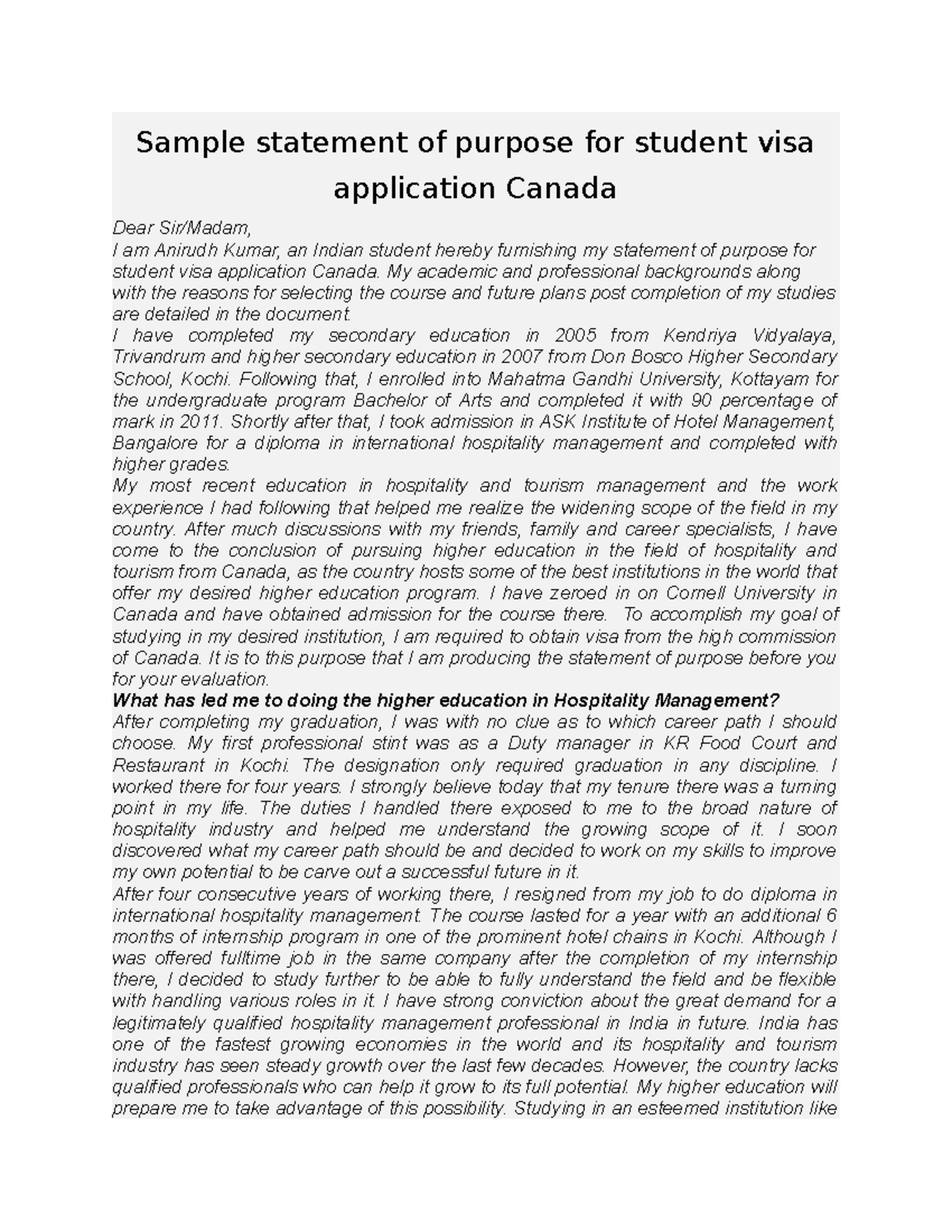 visa personal statement sample