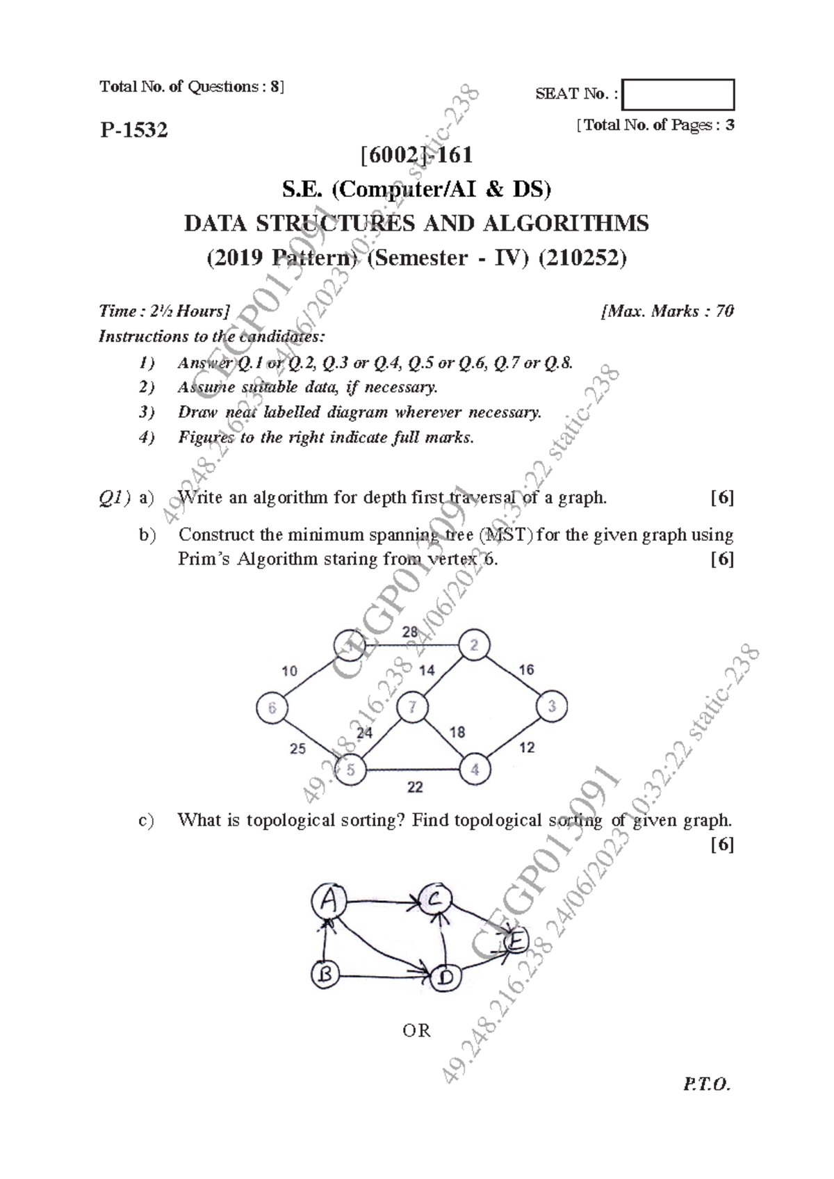 May Jun 2023 - Paper - Q1) a) Write an algorithm for depth first ...