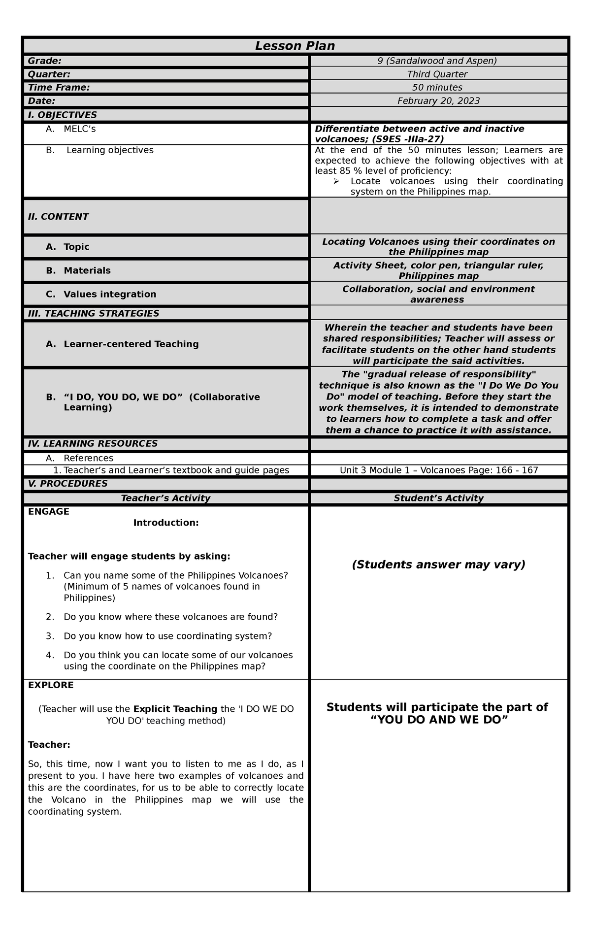 Lesson Plan Locating Volcanoes - Lesson Plan Grade: 9 (Sandalwood and ...