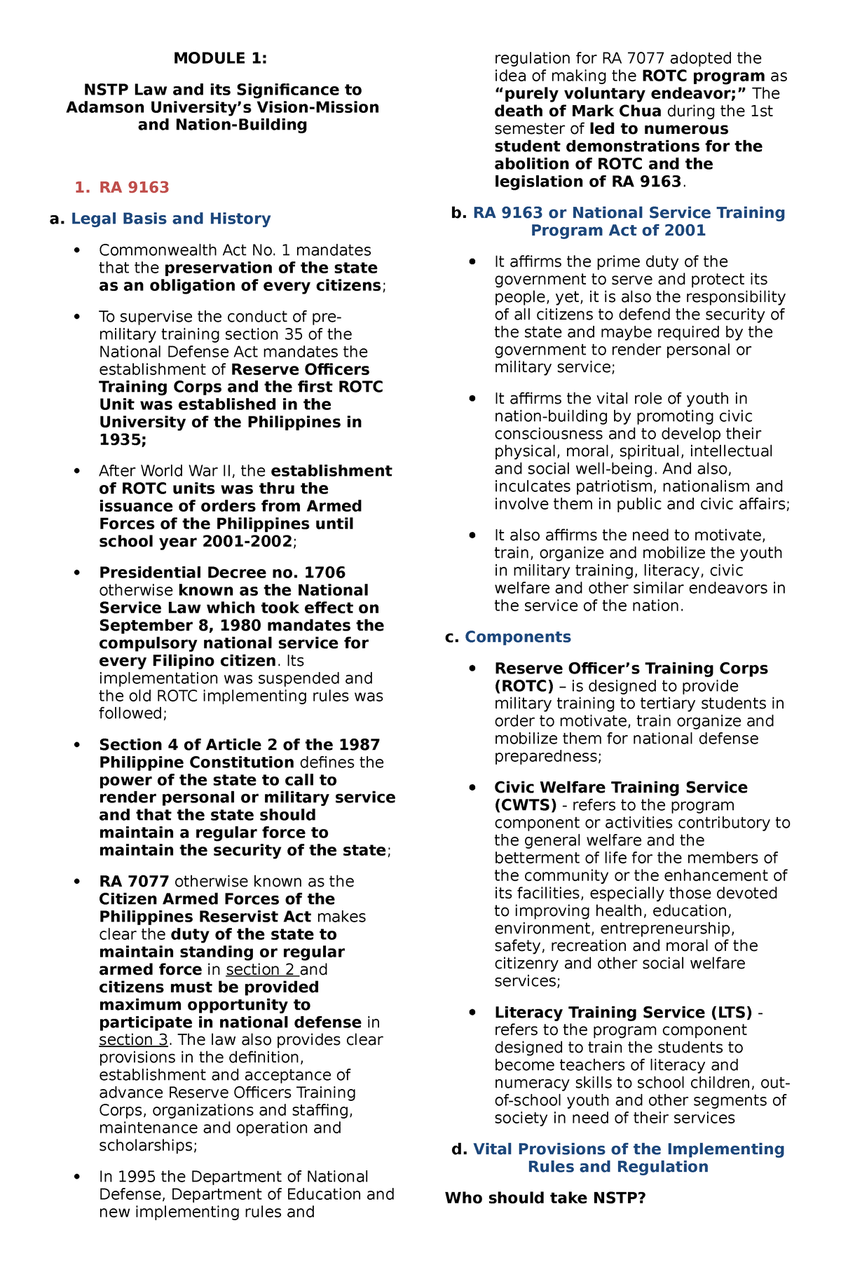 CWTS Reviewer (Saturday) - MODULE 1: NSTP Law And Its Significance To ...