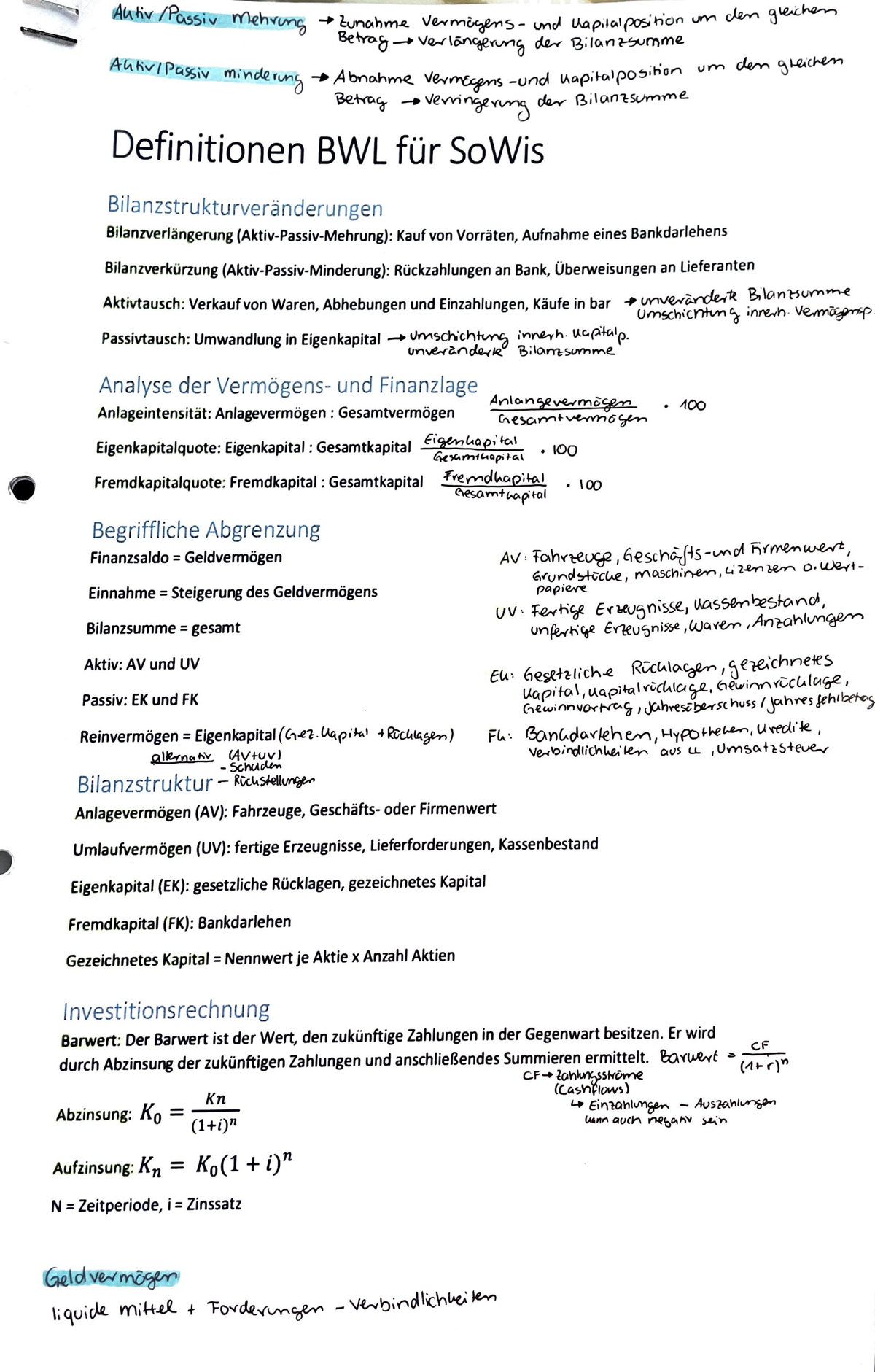 Definitionen BWL - Zusammenfassung Der Wichtigsten Formeln Und Begriffe ...