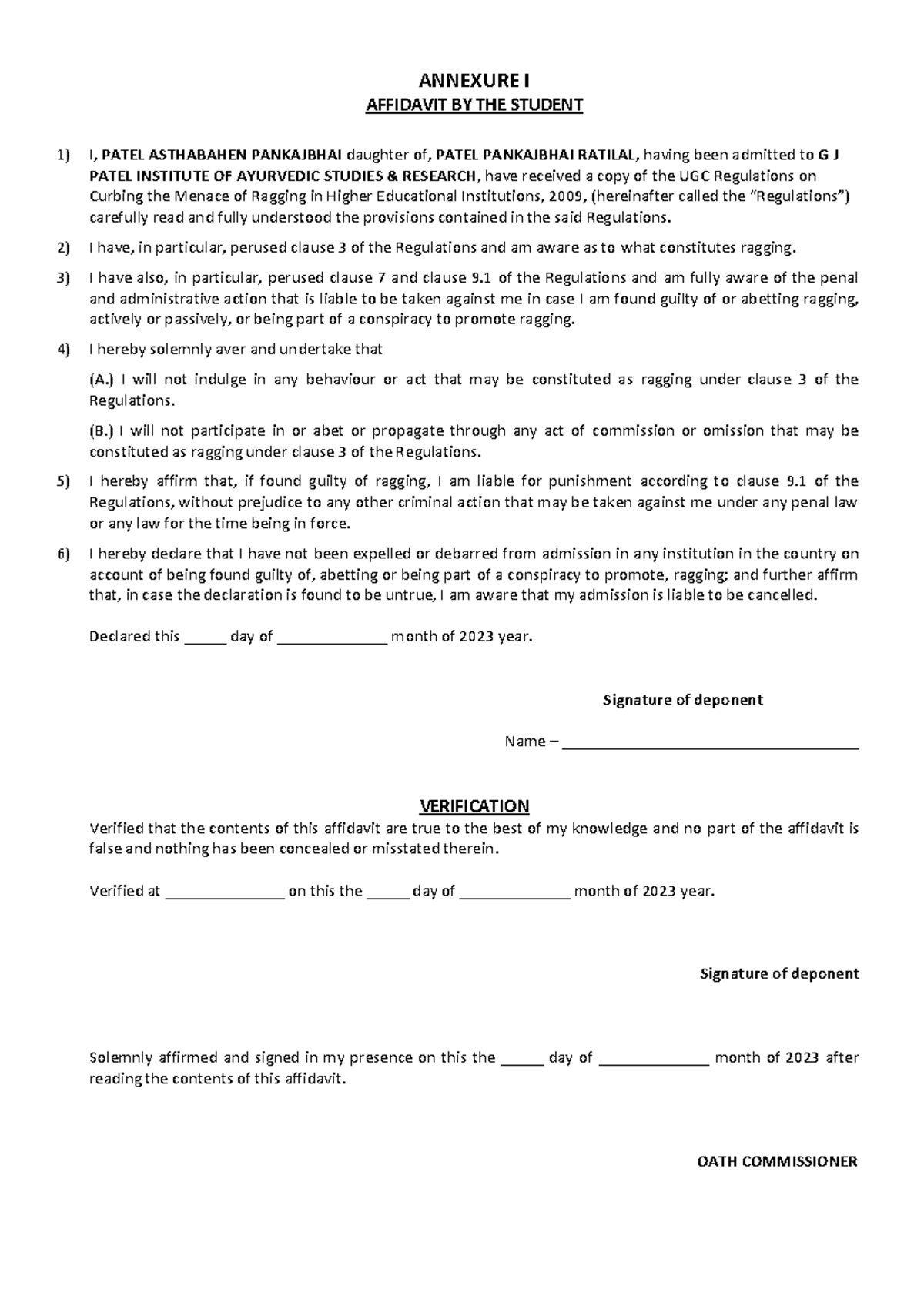 Anti-Ragging-Proforma - ANNEXURE I AFFIDAVIT BY THE STUDENT I, PATEL ...