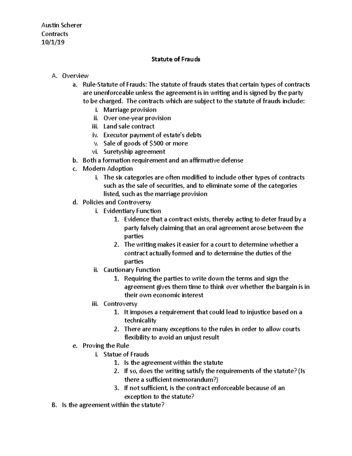 Chapter Thirteen Notes - Contracts 10/1/ Statute of Frauds A. Overview ...