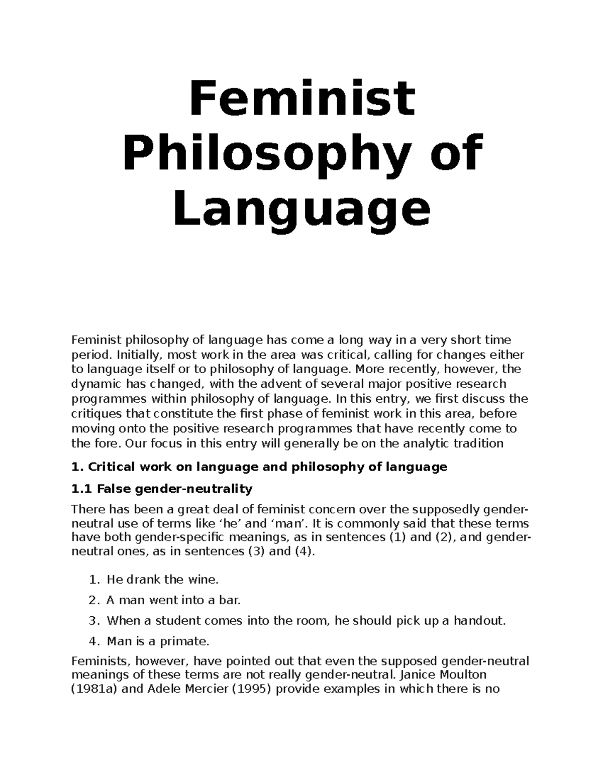 Lecture 24 Feminist Philosophy Of Language - Feminist Philosophy Of ...