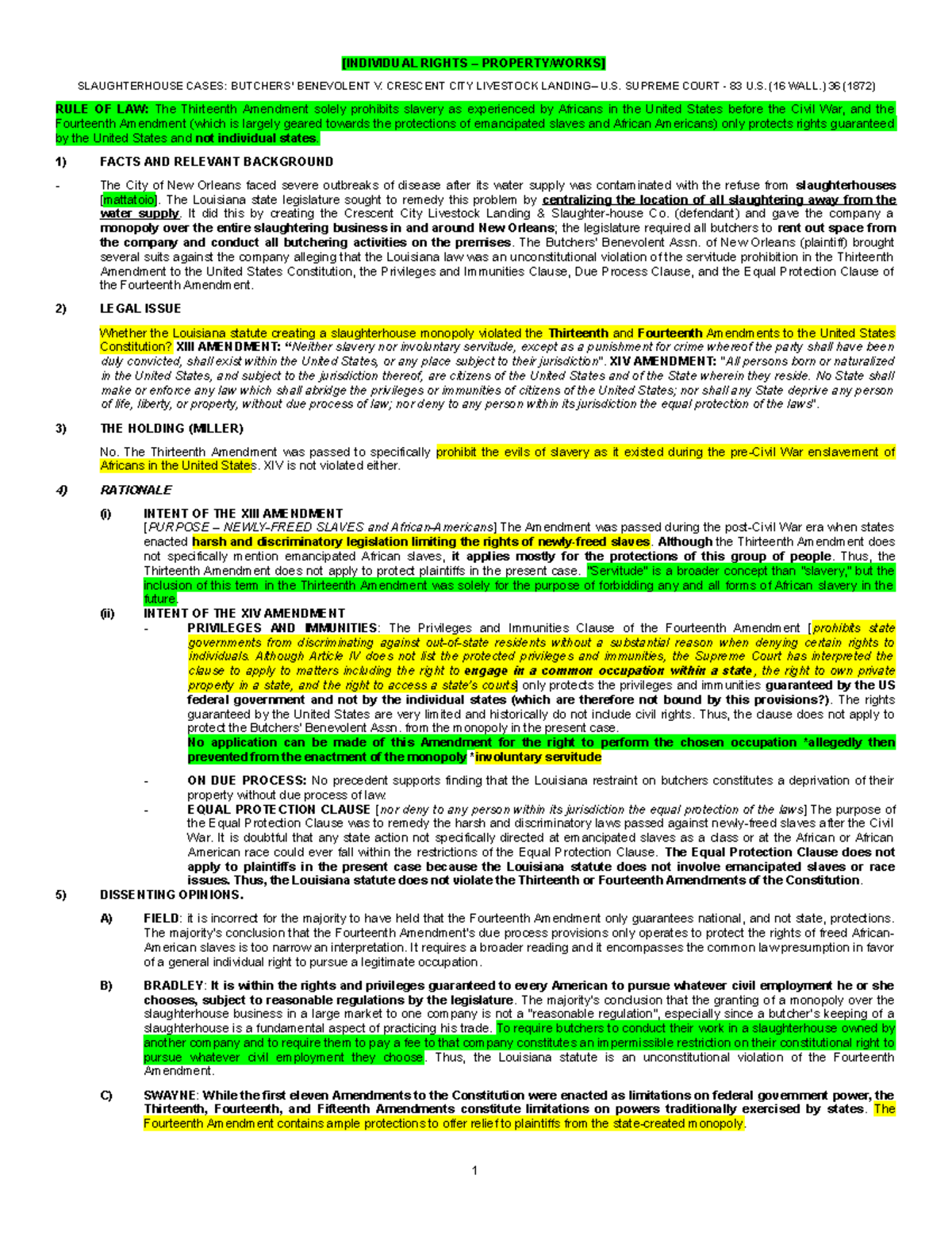 Rights Slaughterhouse Cases Benevolent v. Crescent City Livestock U.S