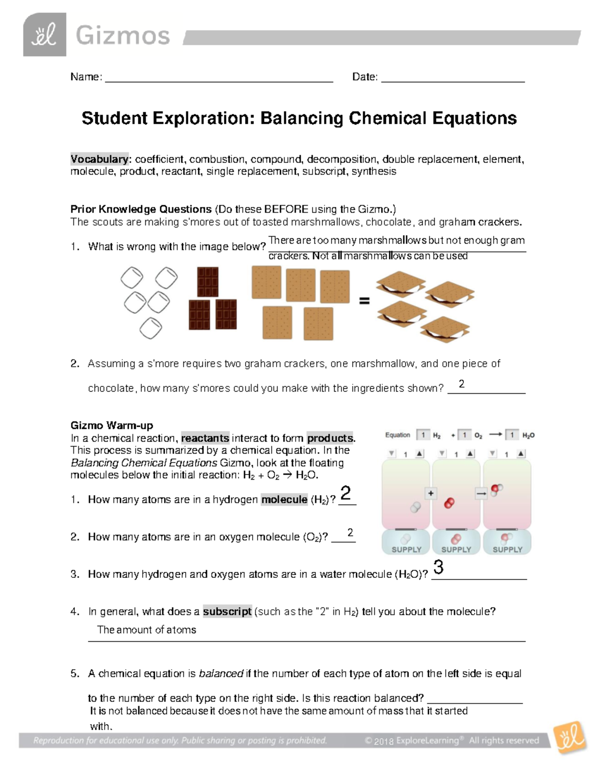 ]Student Exploration Balancing Chemical Equations - 2018 Name: - Studocu