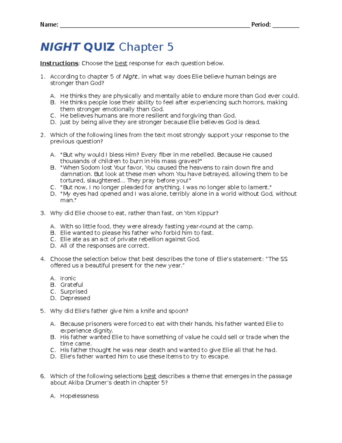 Night Quiz Chapter 5 assigments Name