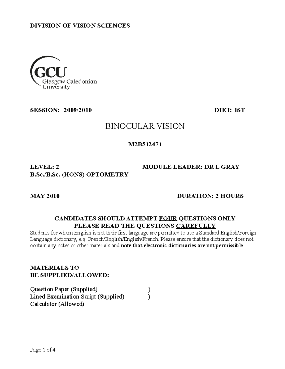 BV-MAY2010 - Exam paper - DIVISION OF VISION SCIENCES SESSION: 2009/ ...