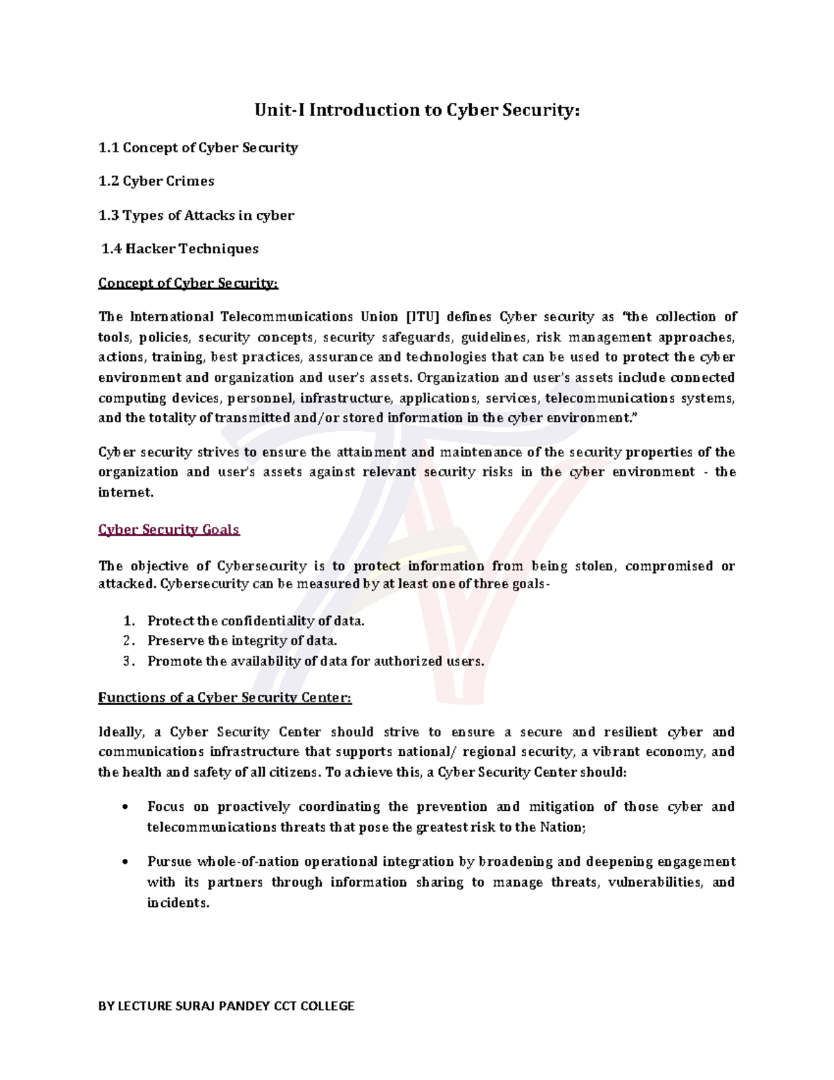 Cyber Security Note ALL - BY LECTURE SURAJ PANDEY CCT COLLEGE Unit-I