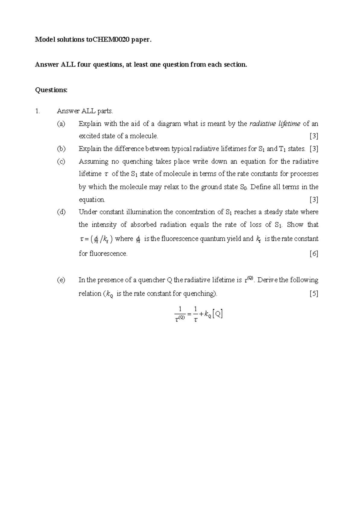 Model paper CHEM0020 exam questions and answers 2 - Model solutions ...