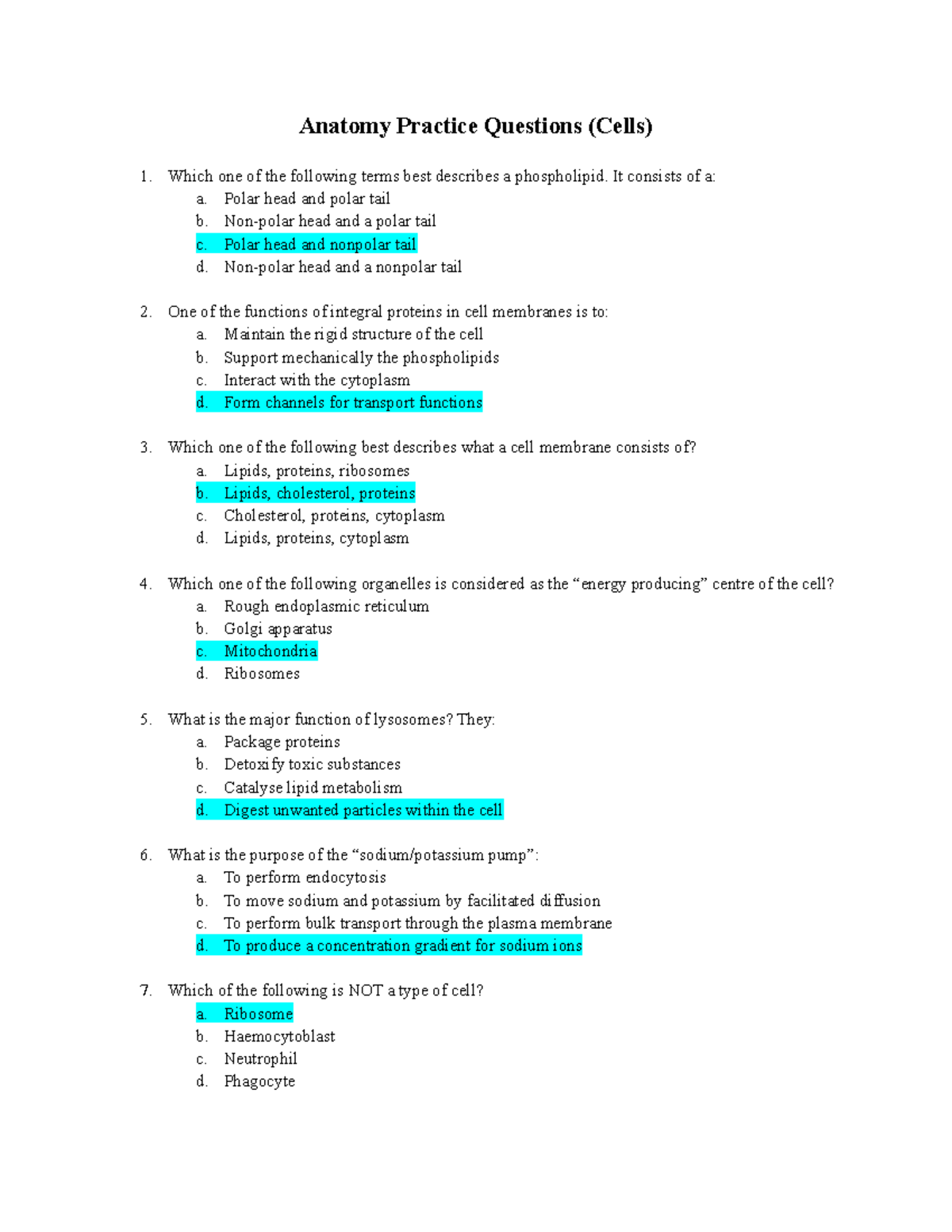 Anatomy Questions Anatomy Practice Questions Cells Which One Of The 